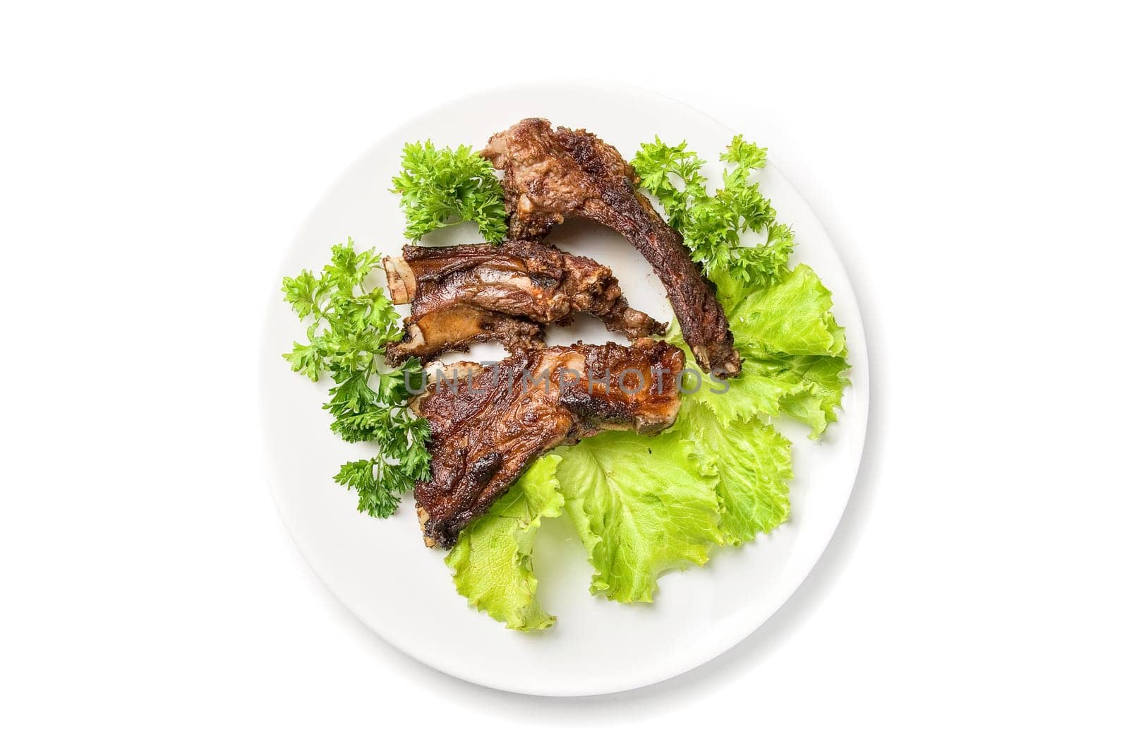 Grilled rib meat and vegetables isolated on white background