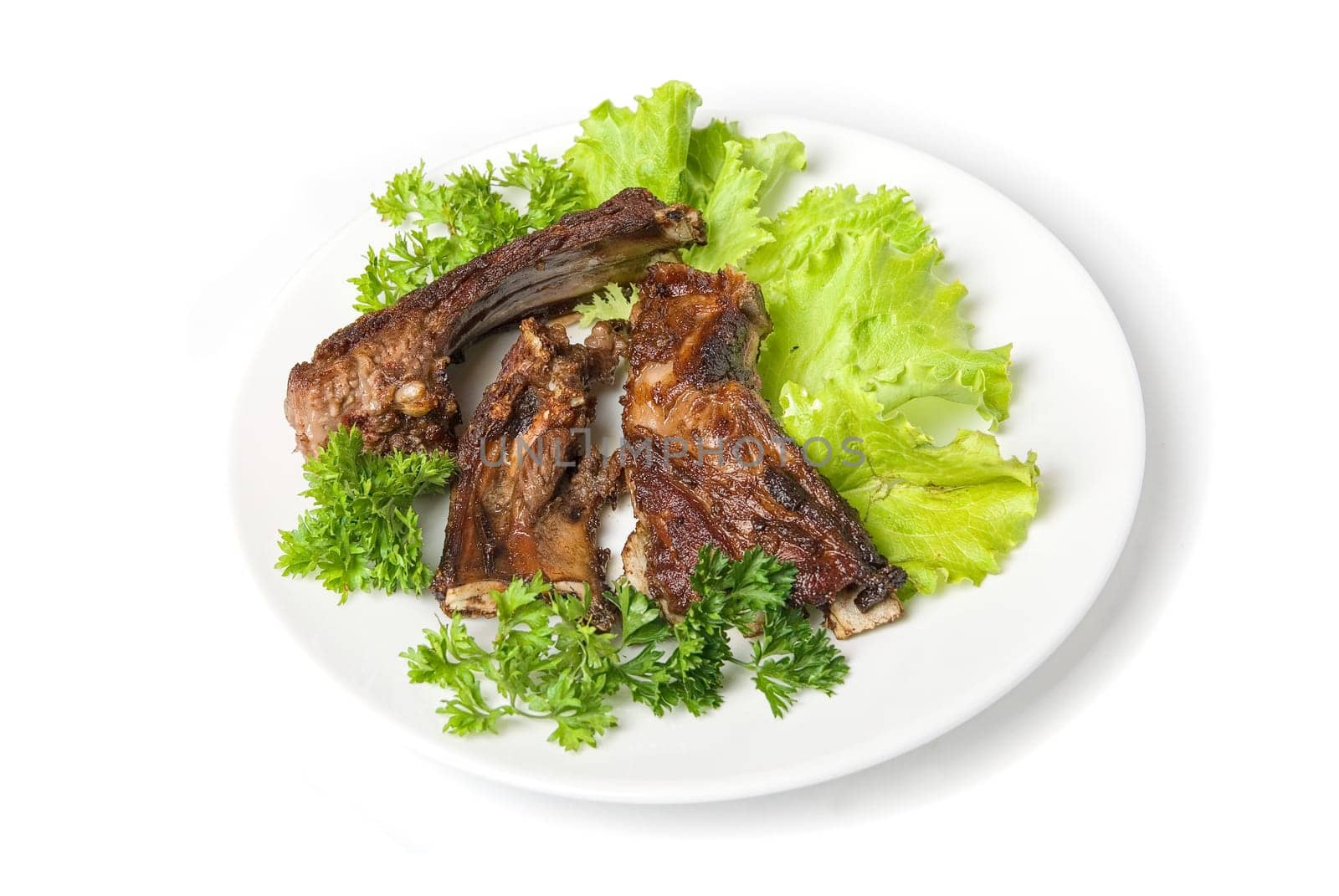 Grilled lamb meat and vegetables isolated on white background