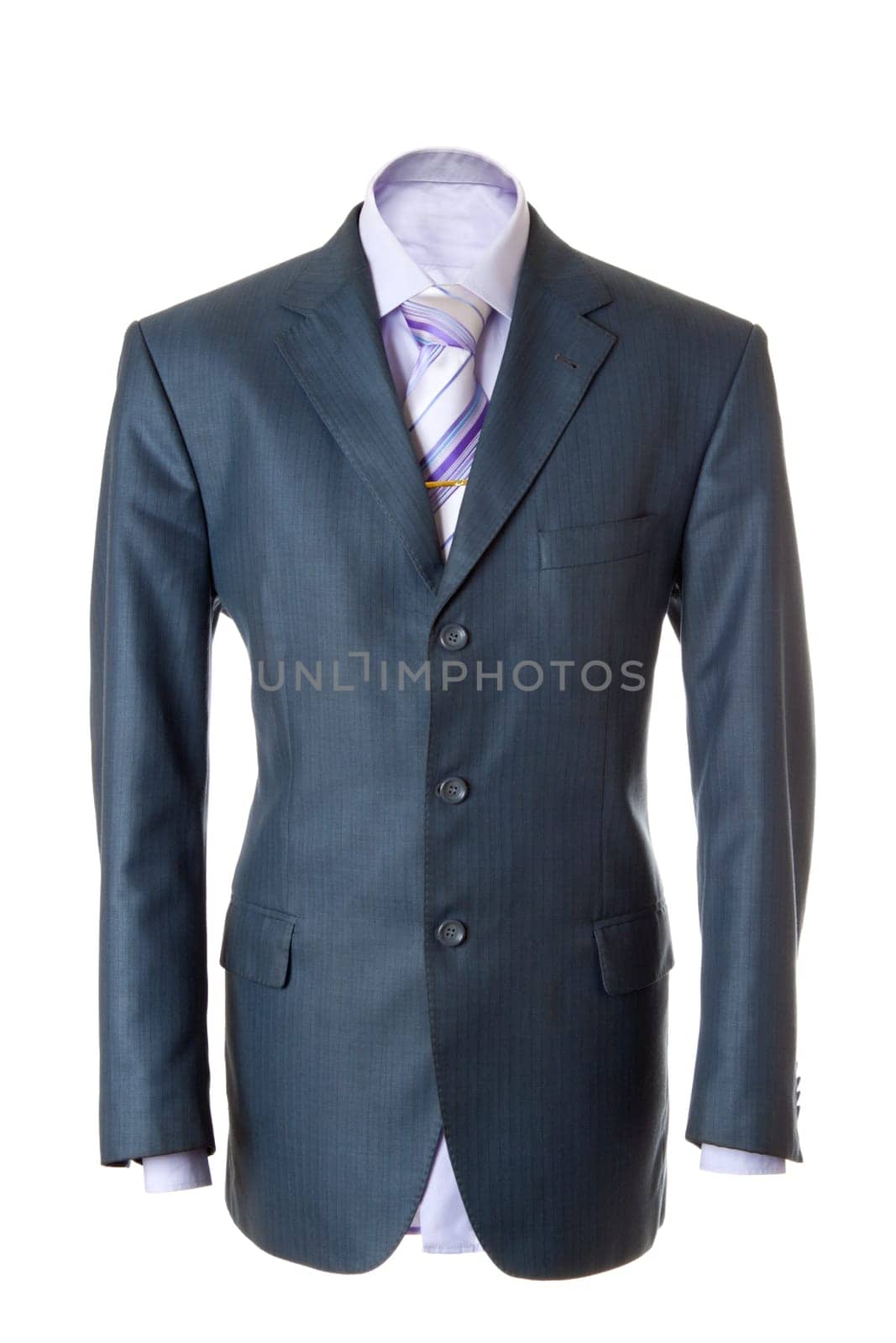 Empty blue office suit. Also lilac shirt, necktie and golden clip. Isolated over white