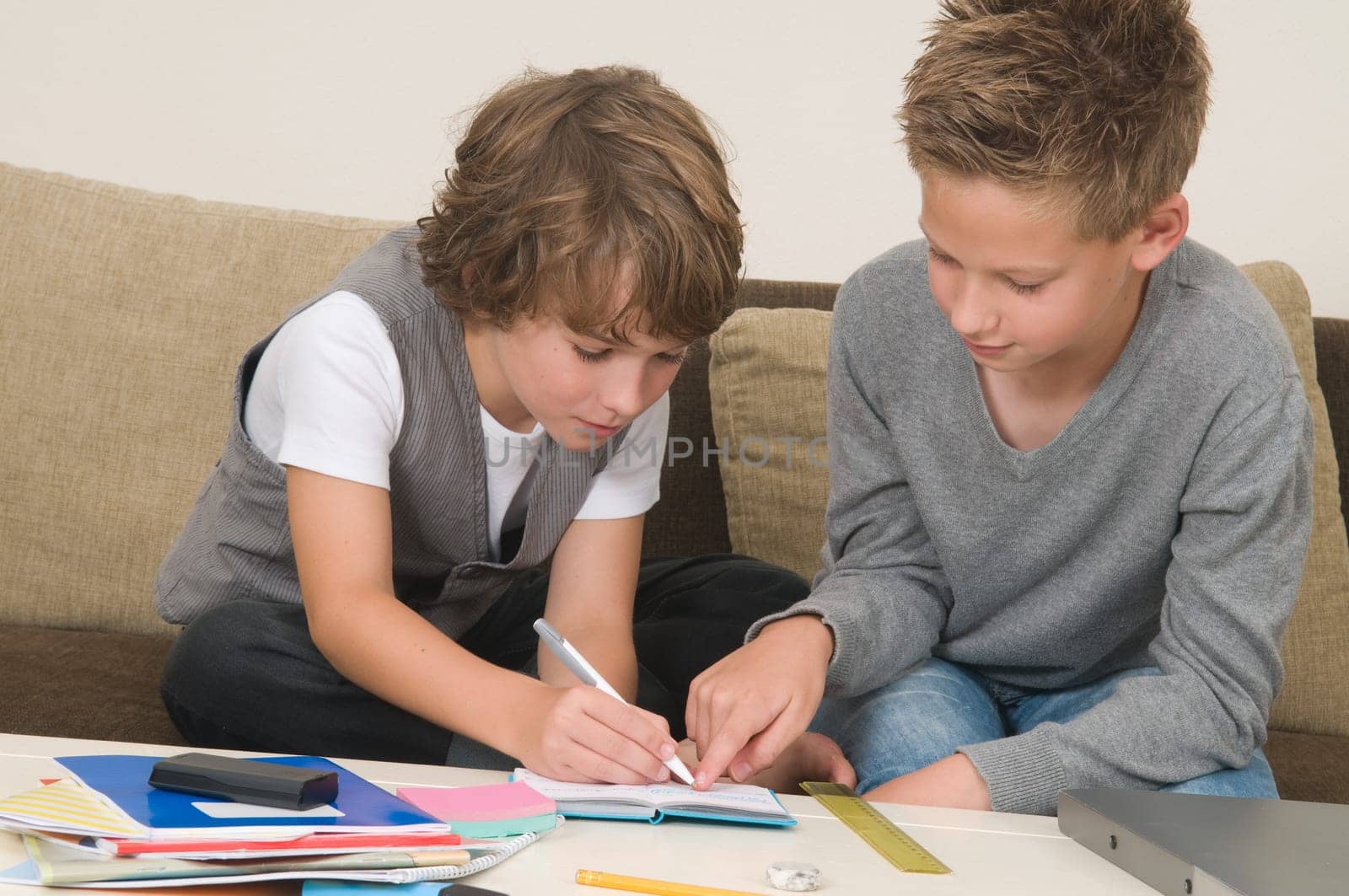 Two friends doing their homework in the livingroom