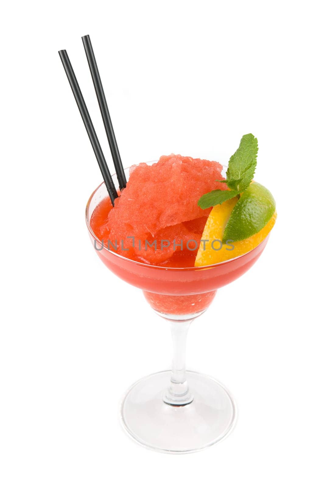 Fresh cocktail with watermelon, lemon and mint isolated on white