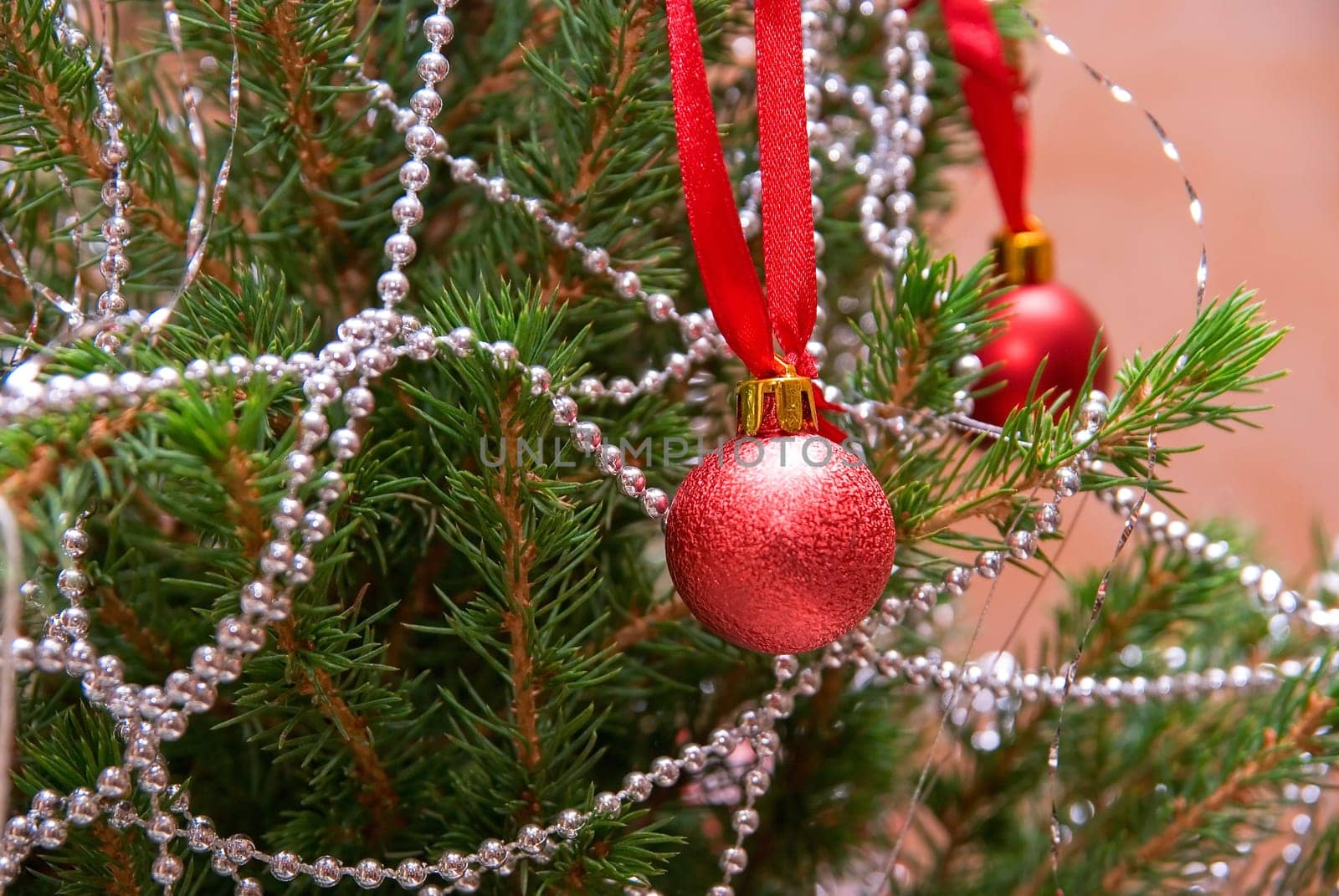 Happy new year: Christmas firtree closeup with decoration