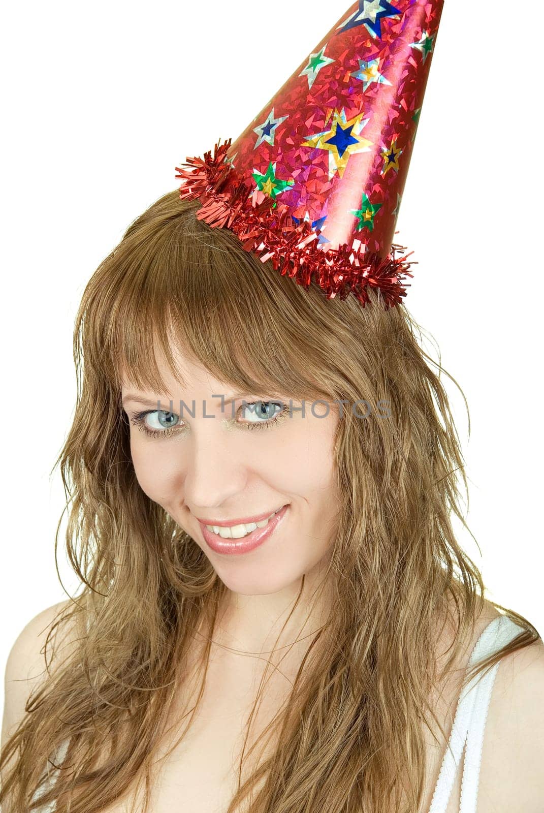 Happy festive woman isolated on white background
