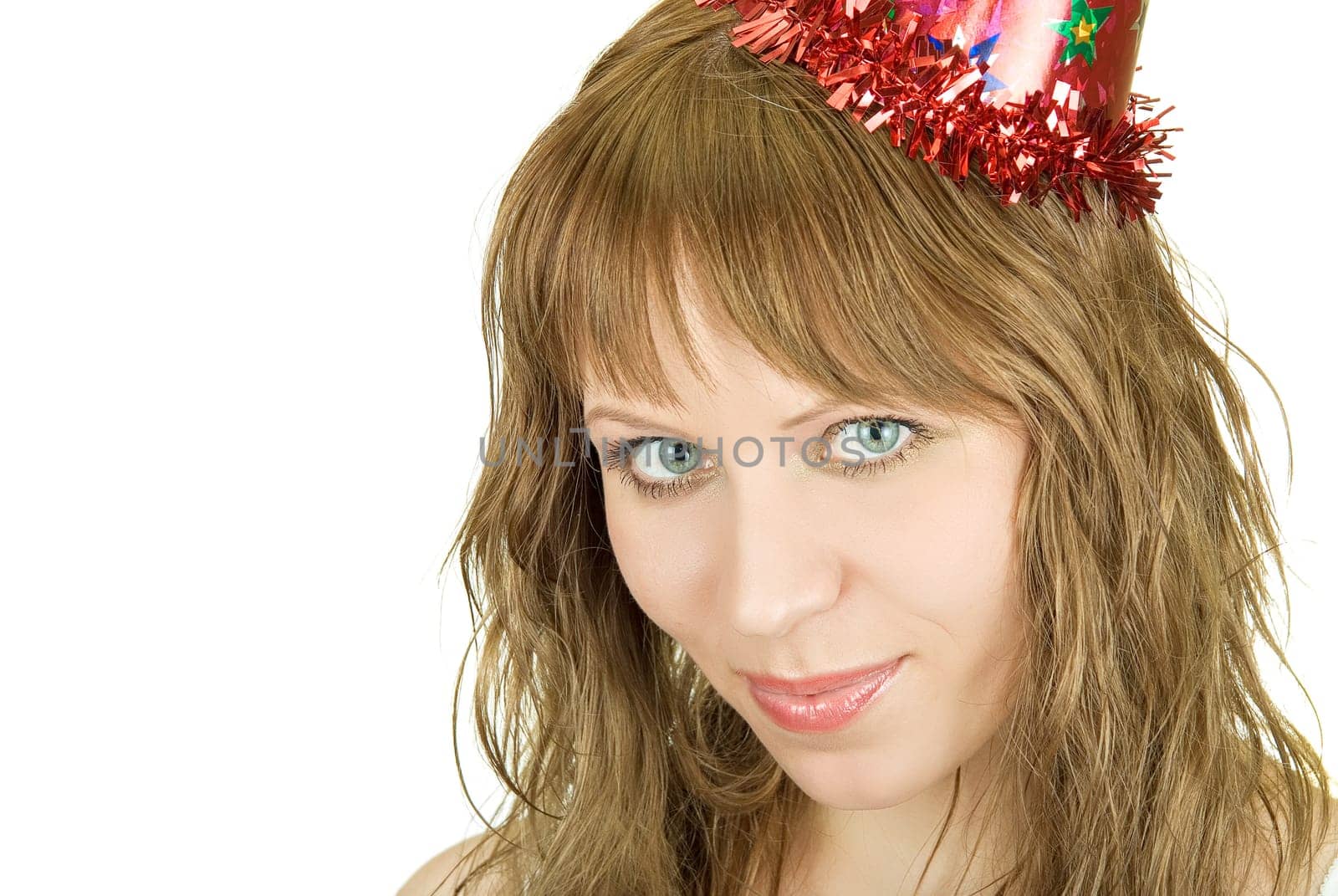 Happy pretty festive woman isolated on white background