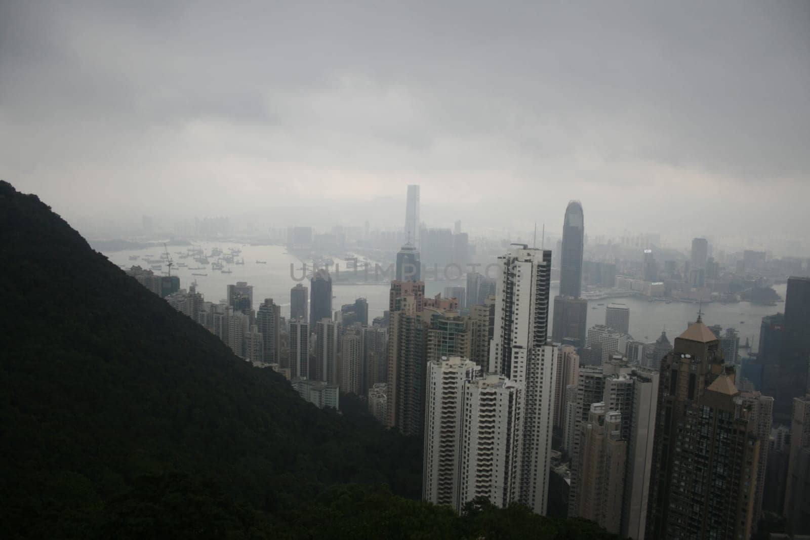 Skyline of Hong Kong seen from the peak over the harbor