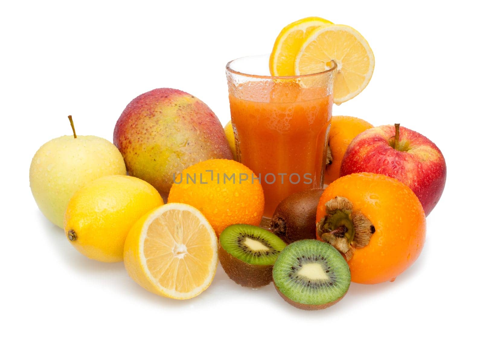 Glass of Fresh Multivitamin Juice - Oranges, Lemons, Kiwi, Mango, Apples and Persimmon Fruits