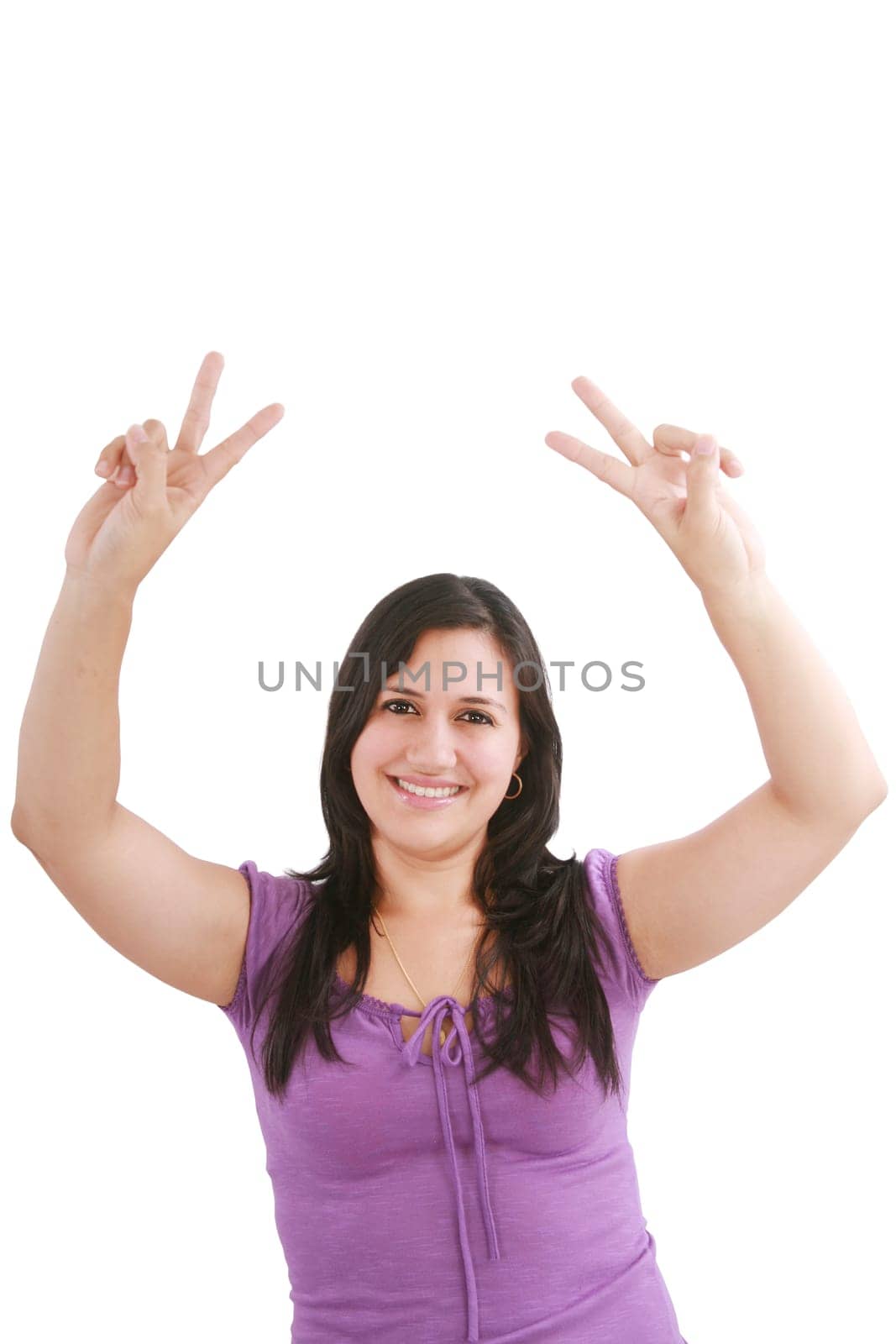 beautiful smiling woman making victory sign with both of her hands, smiling and looking into the camera