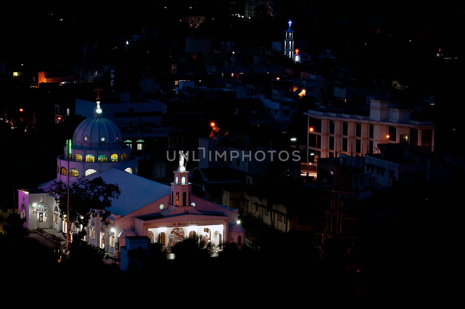 Beautifully illumunated St Patrick&#039 s church at St Thomas Mount