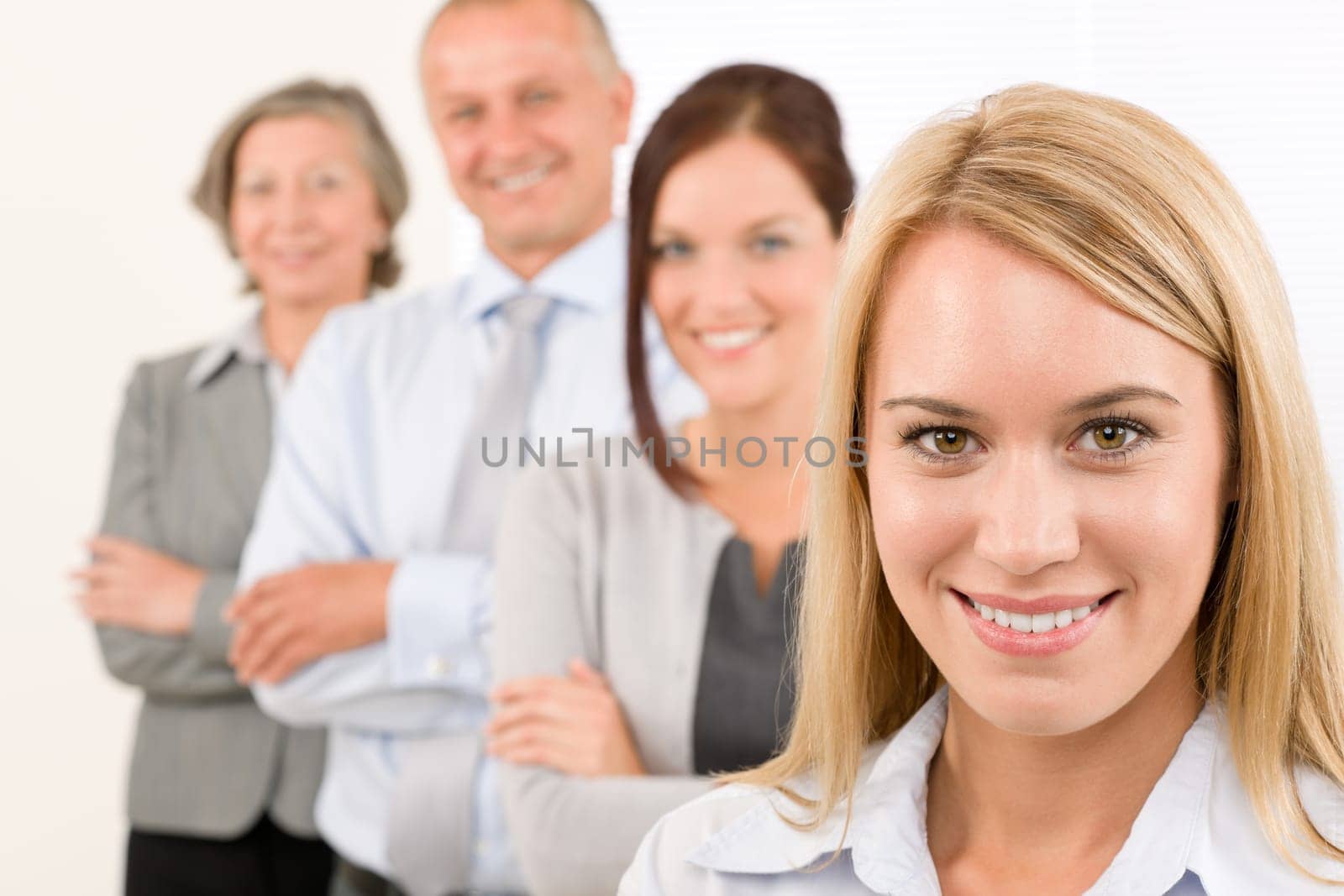 Business team happy attractive woman colleagues standing in line portrait