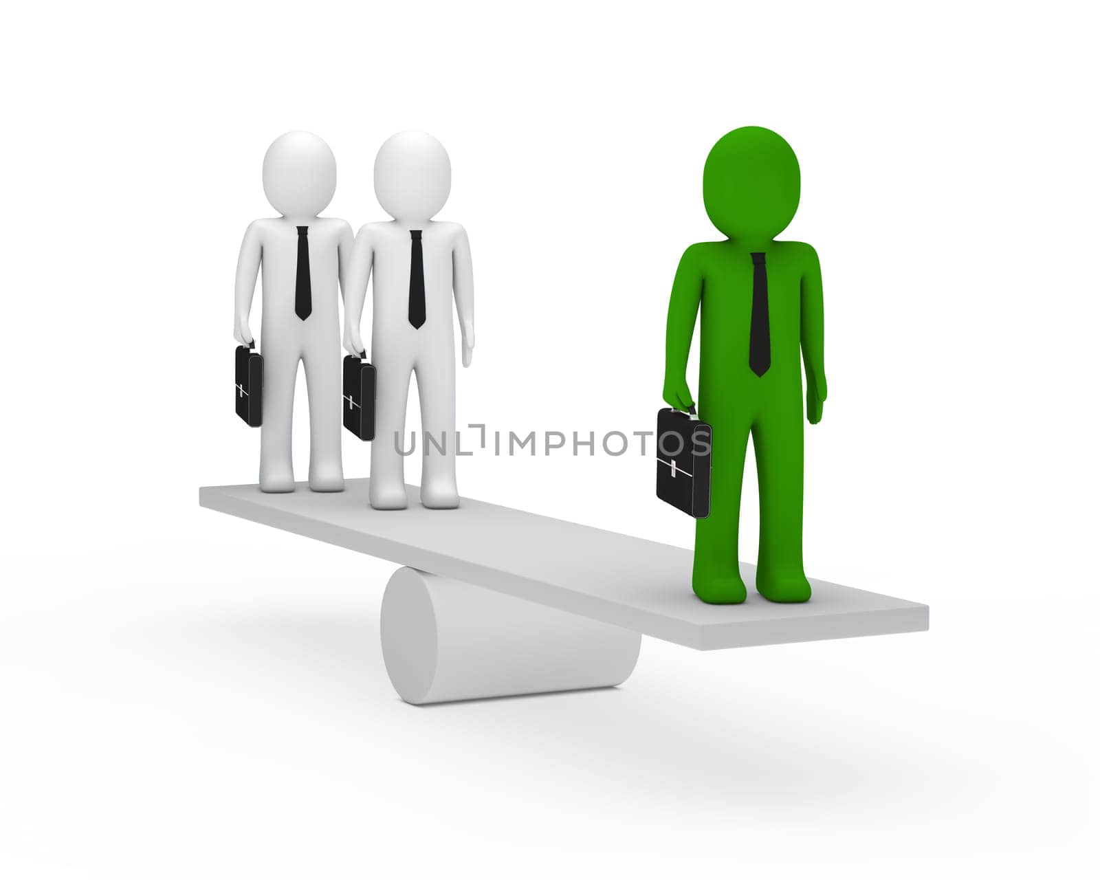 3d business men briefcase green balance seesaw