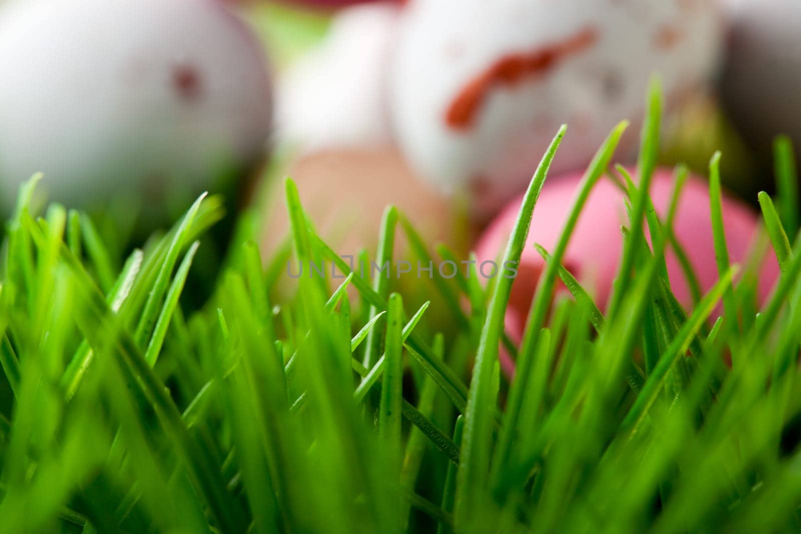 Vibrant green grass background with chocolate Easter eggs