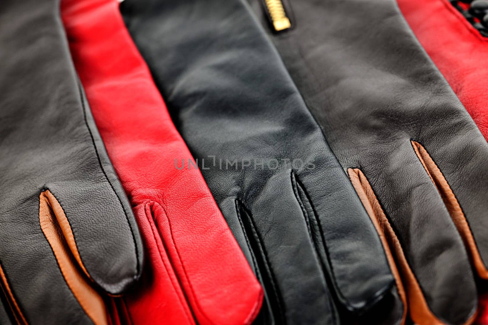 Assorted selection of leather female gloves closeup