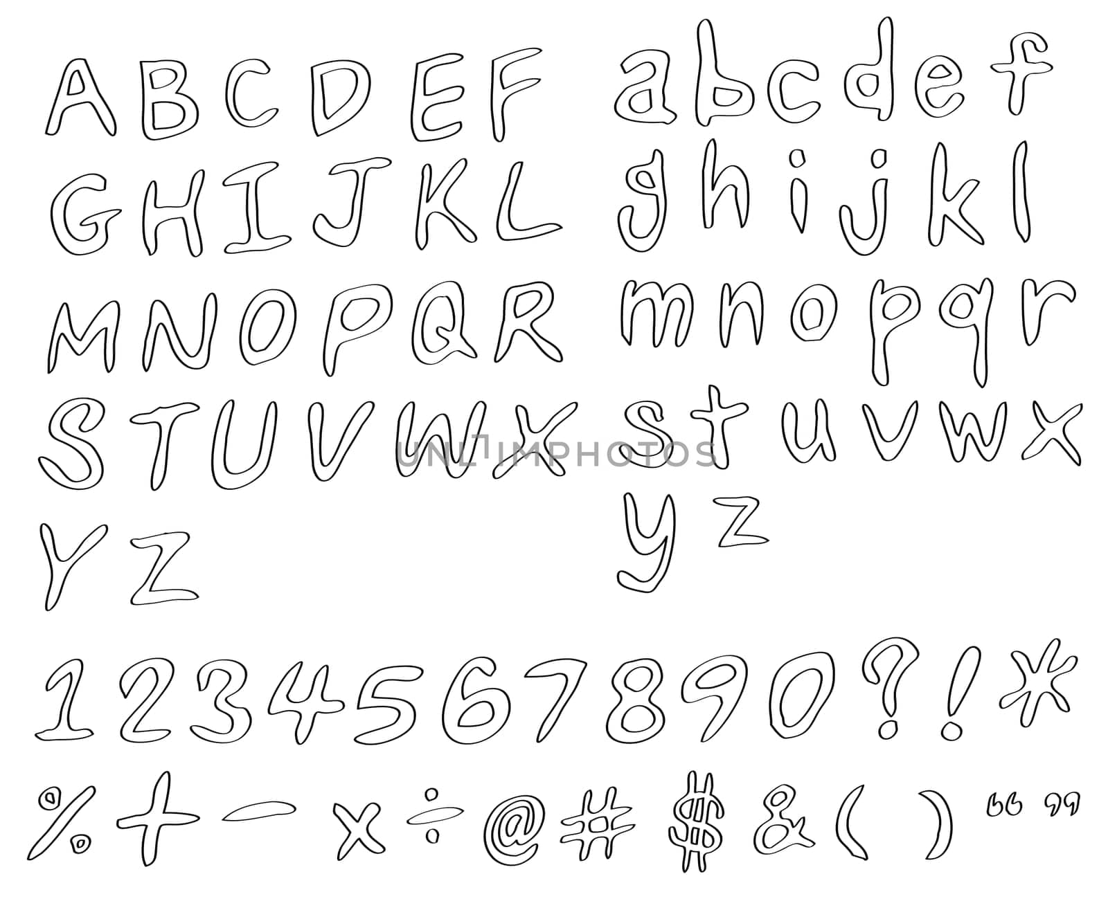 set of handwritting alphabets, numbers and symbols as pencil style