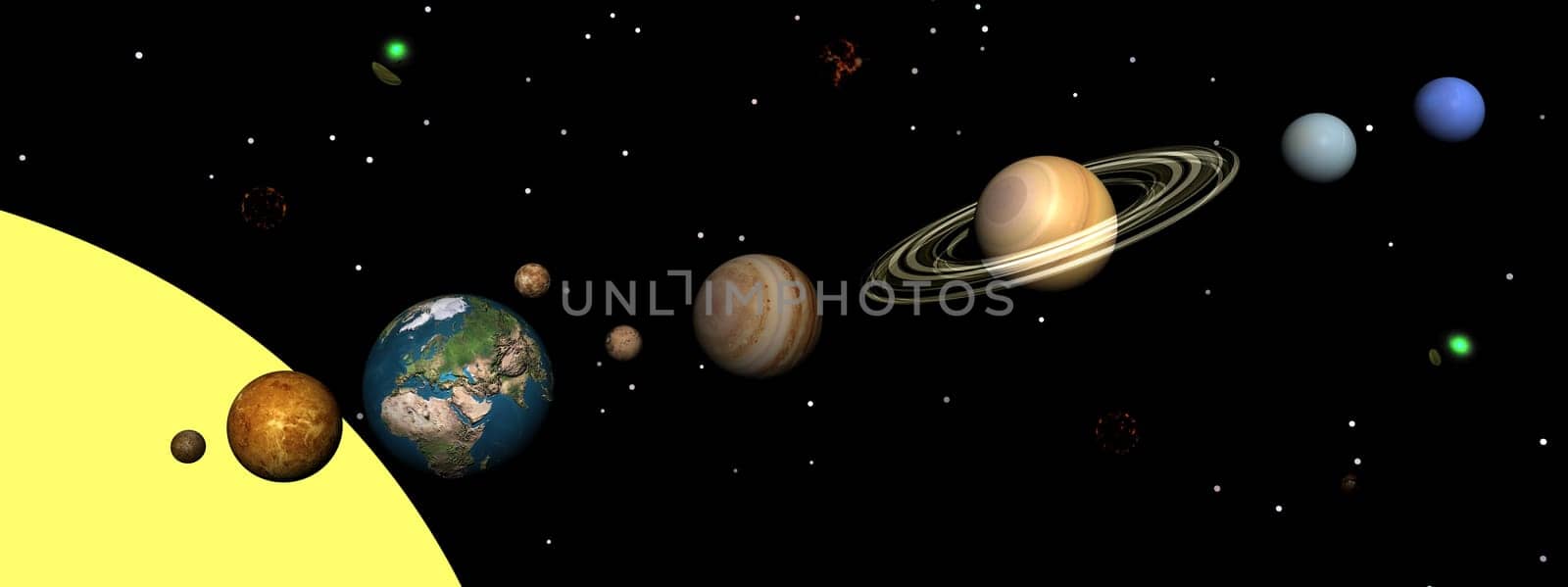 Solar system planets, nebulas and stars by night