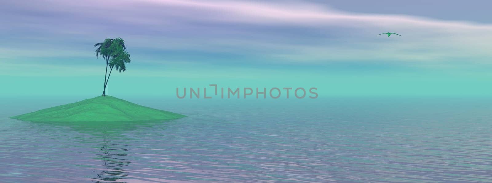 Palm trees in a sand island in the middle of the ocean and little seagull flying by morning light