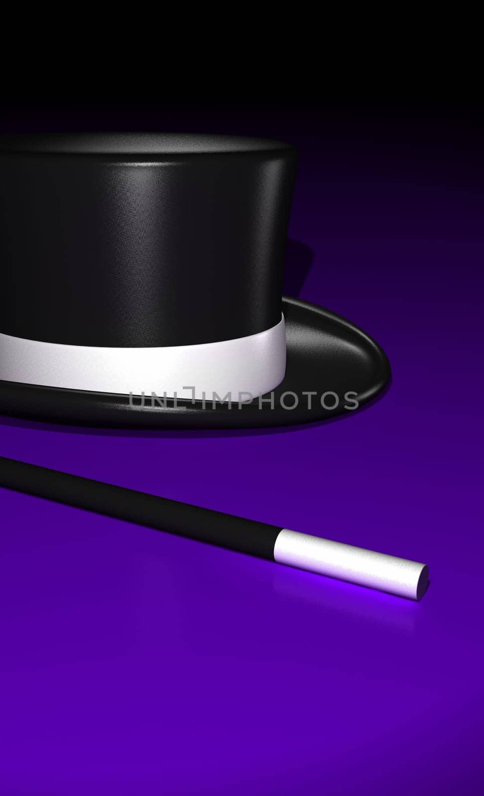 Magic wand with magic hat on purple floor vertical