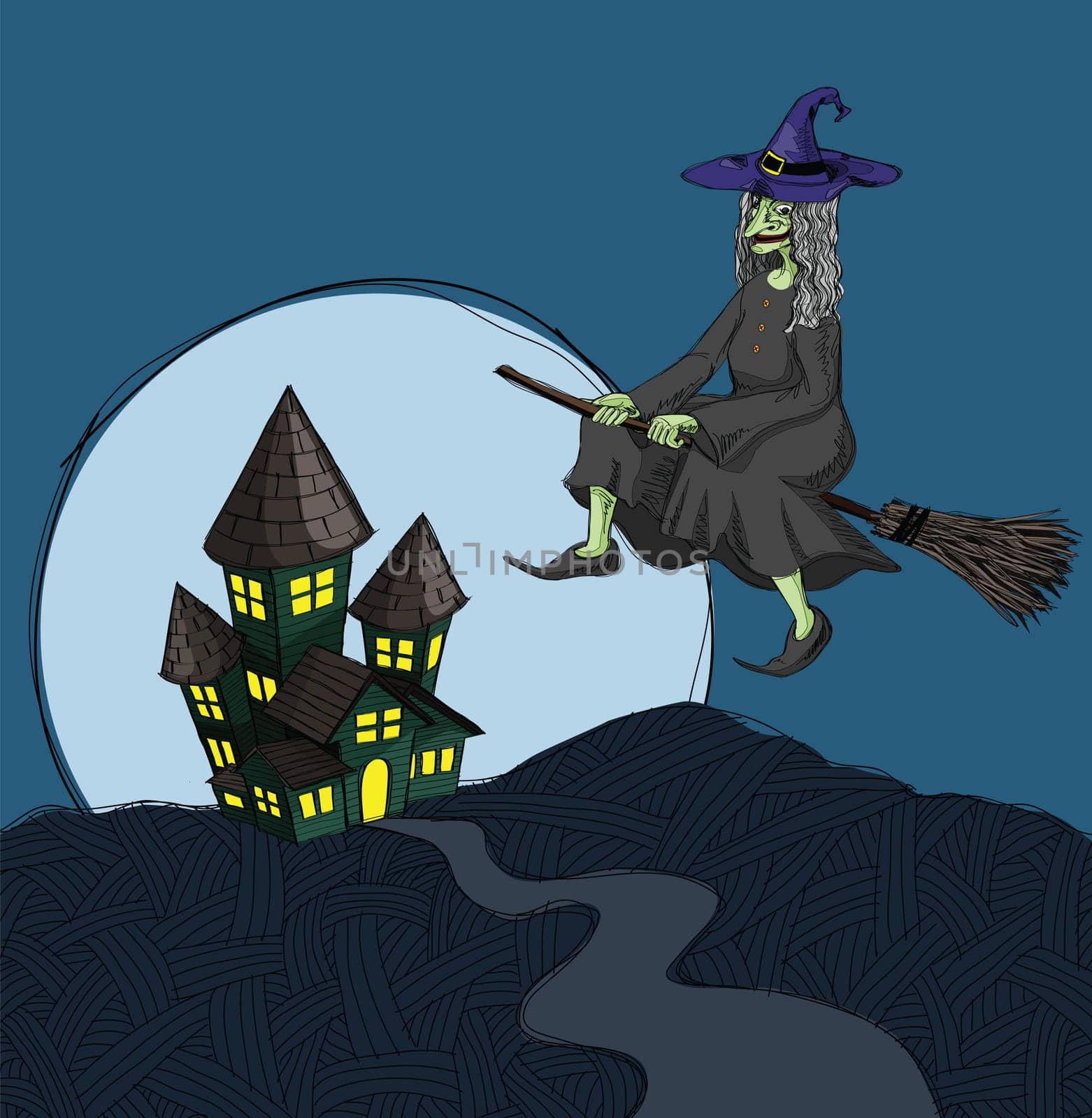 haunted house illustration, in grunge sketch style.