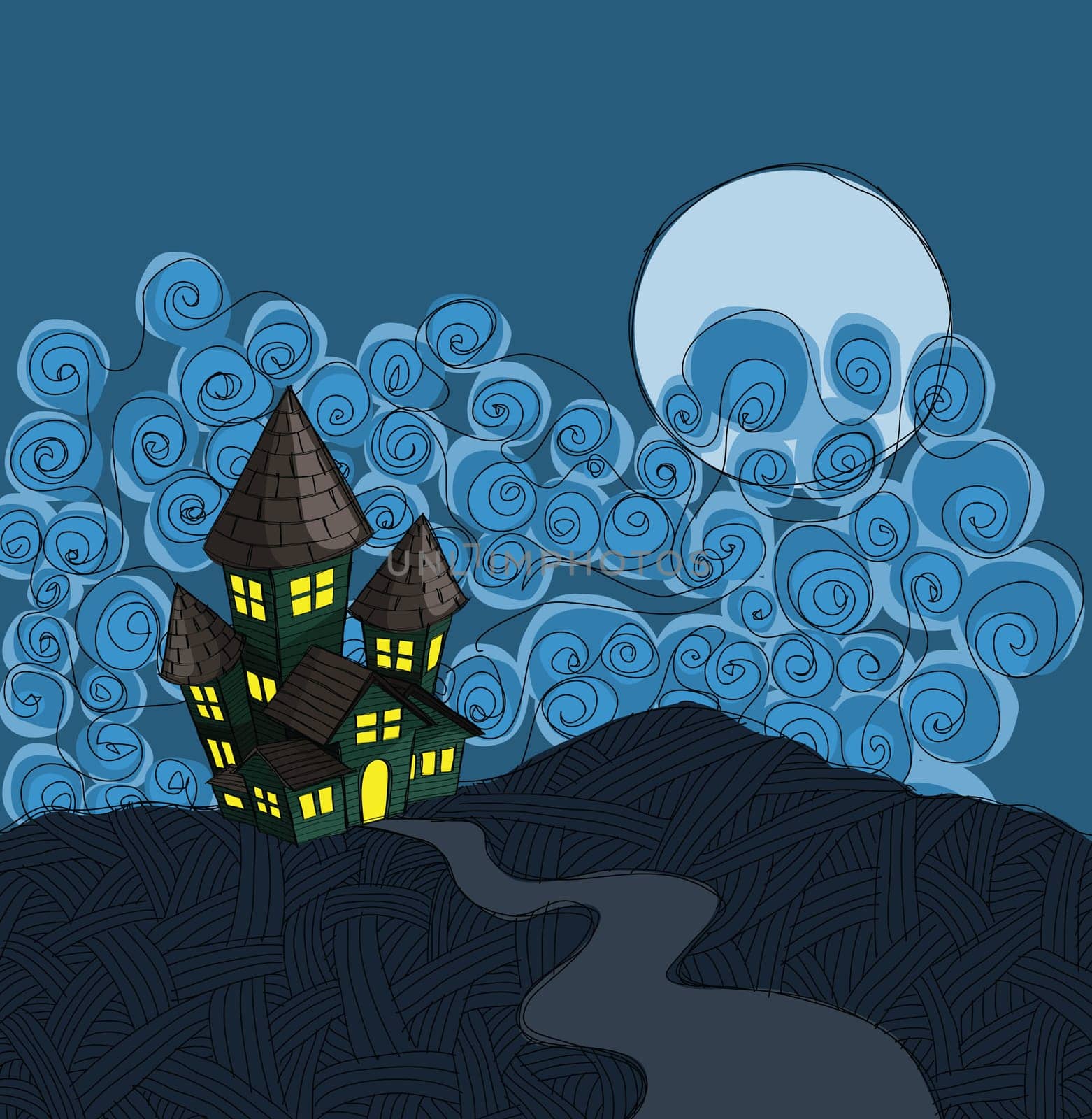 haunted house illustration, in grunge sketch style.