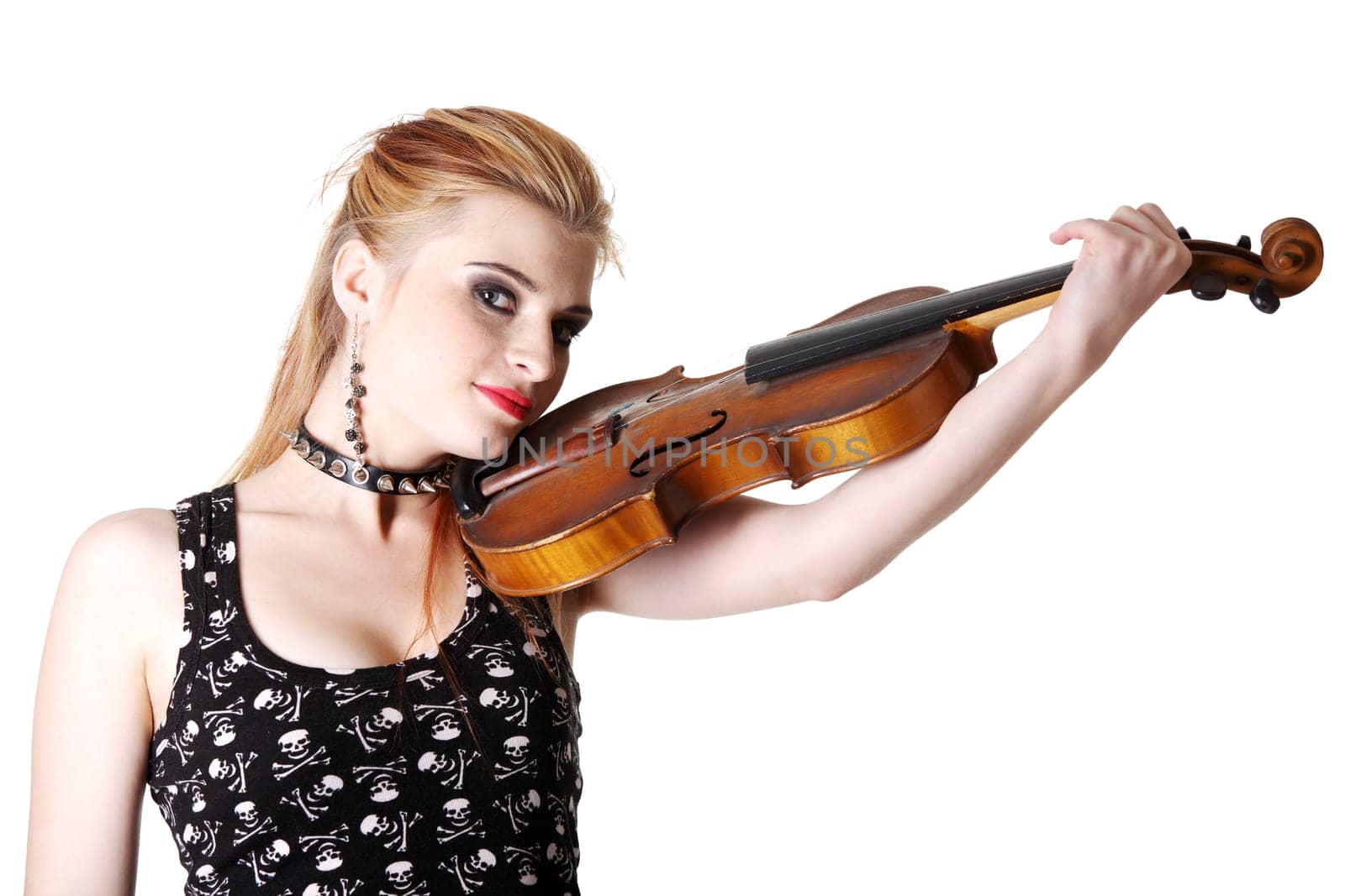 Young punk girl holding her fiddle. Isolated on white.