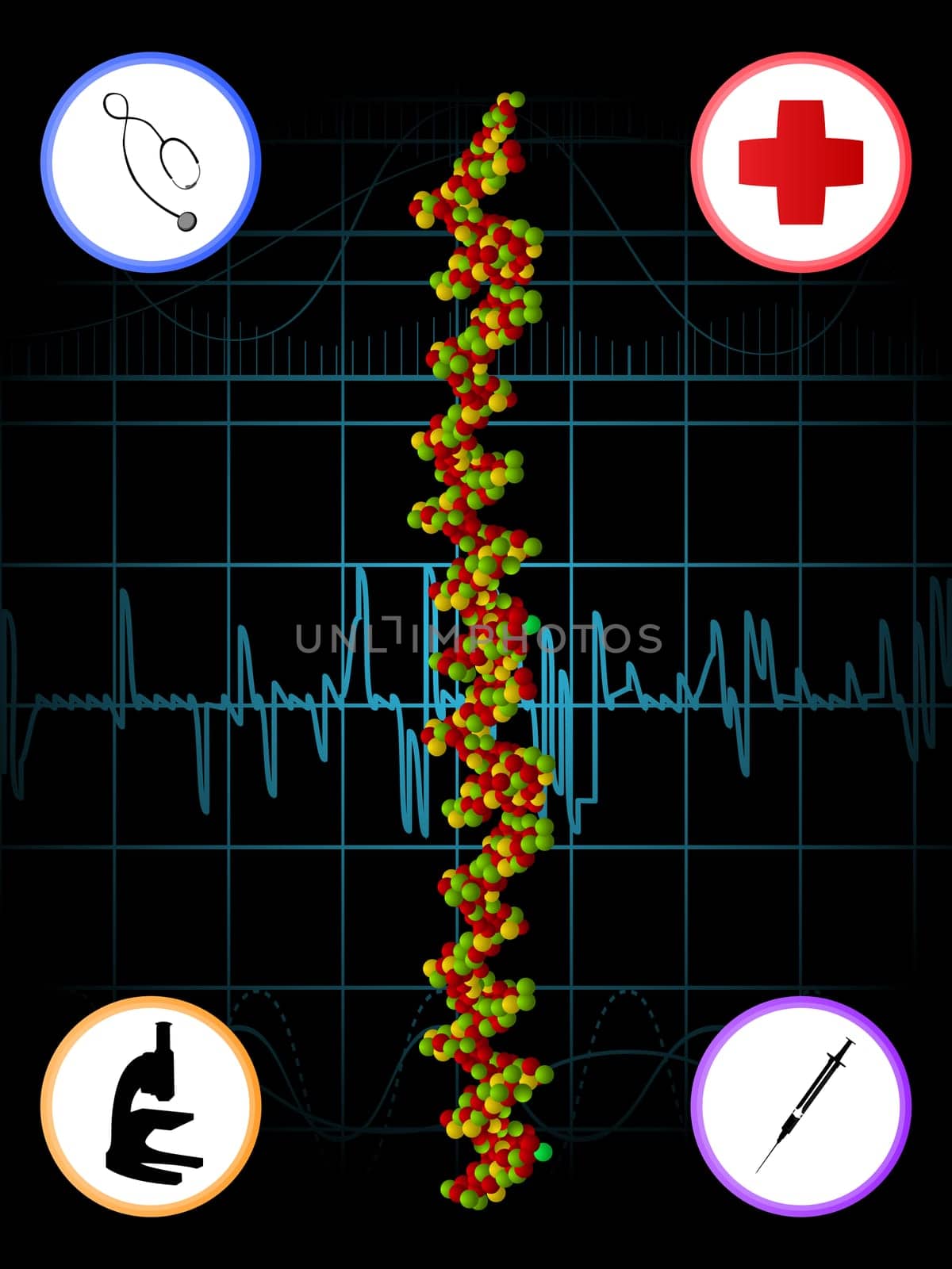 Abstract medical background with DNA molecules and icons