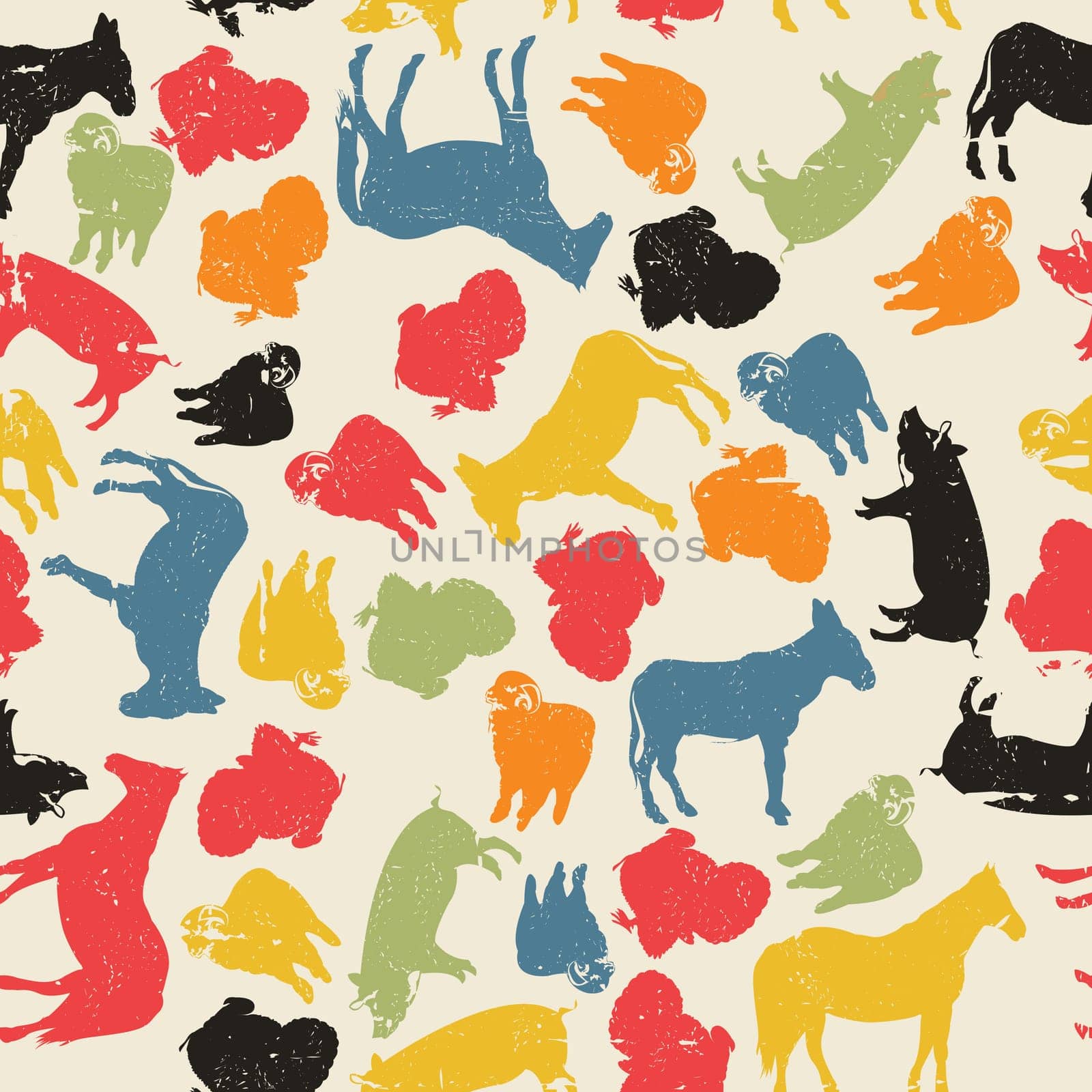A grunge farm animals seamless pattern, abstract art