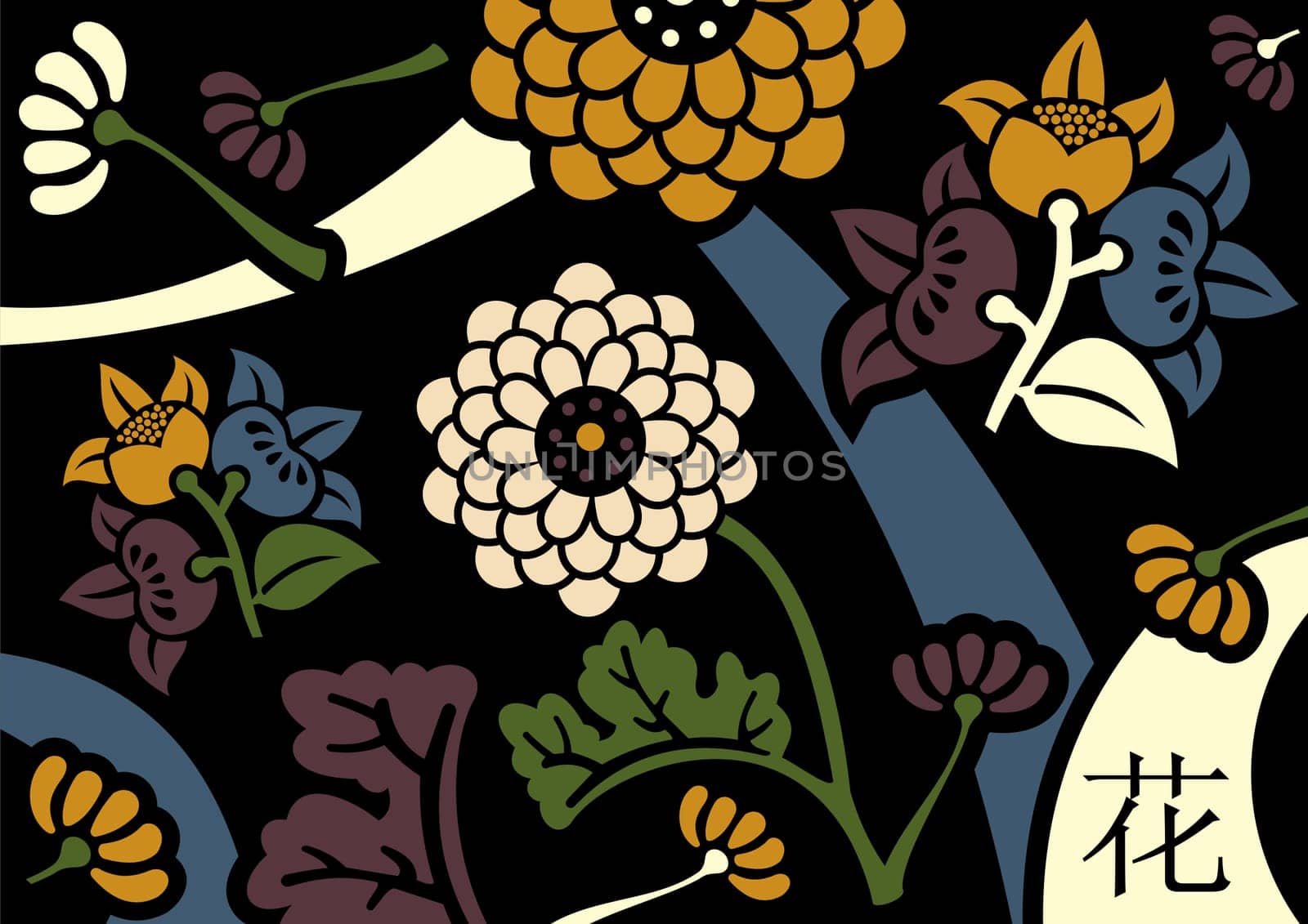 Orient flowers background in retro colors palette.