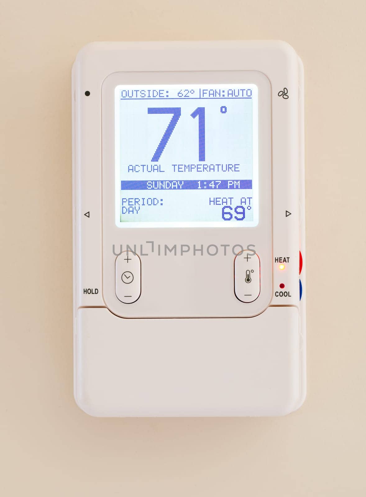Electronic thermostat with blue LCD screen for controlling air conditioning and heating HVAC