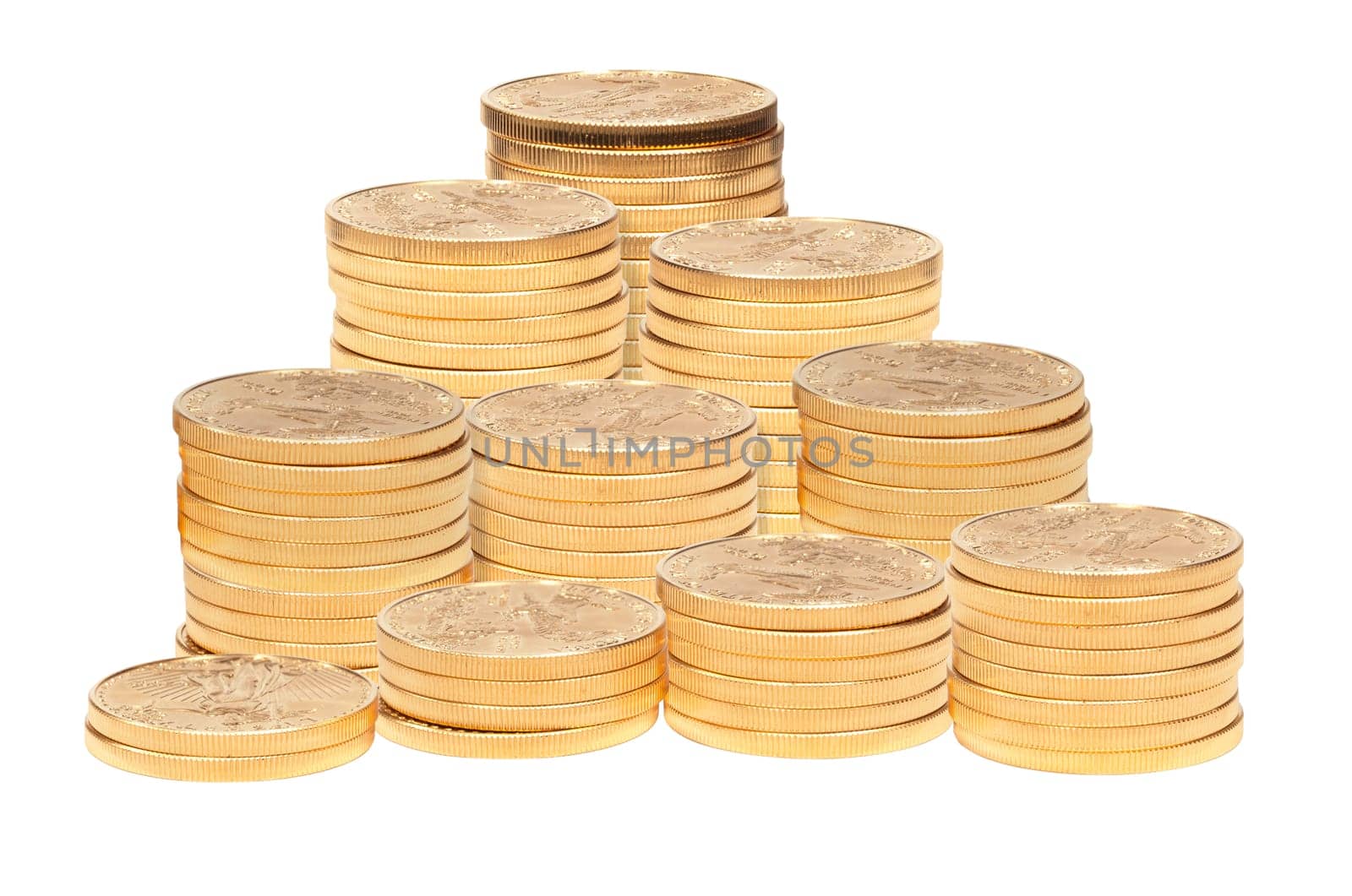Gold Eagle one ounce coins stacked into larger columns and isolated against white