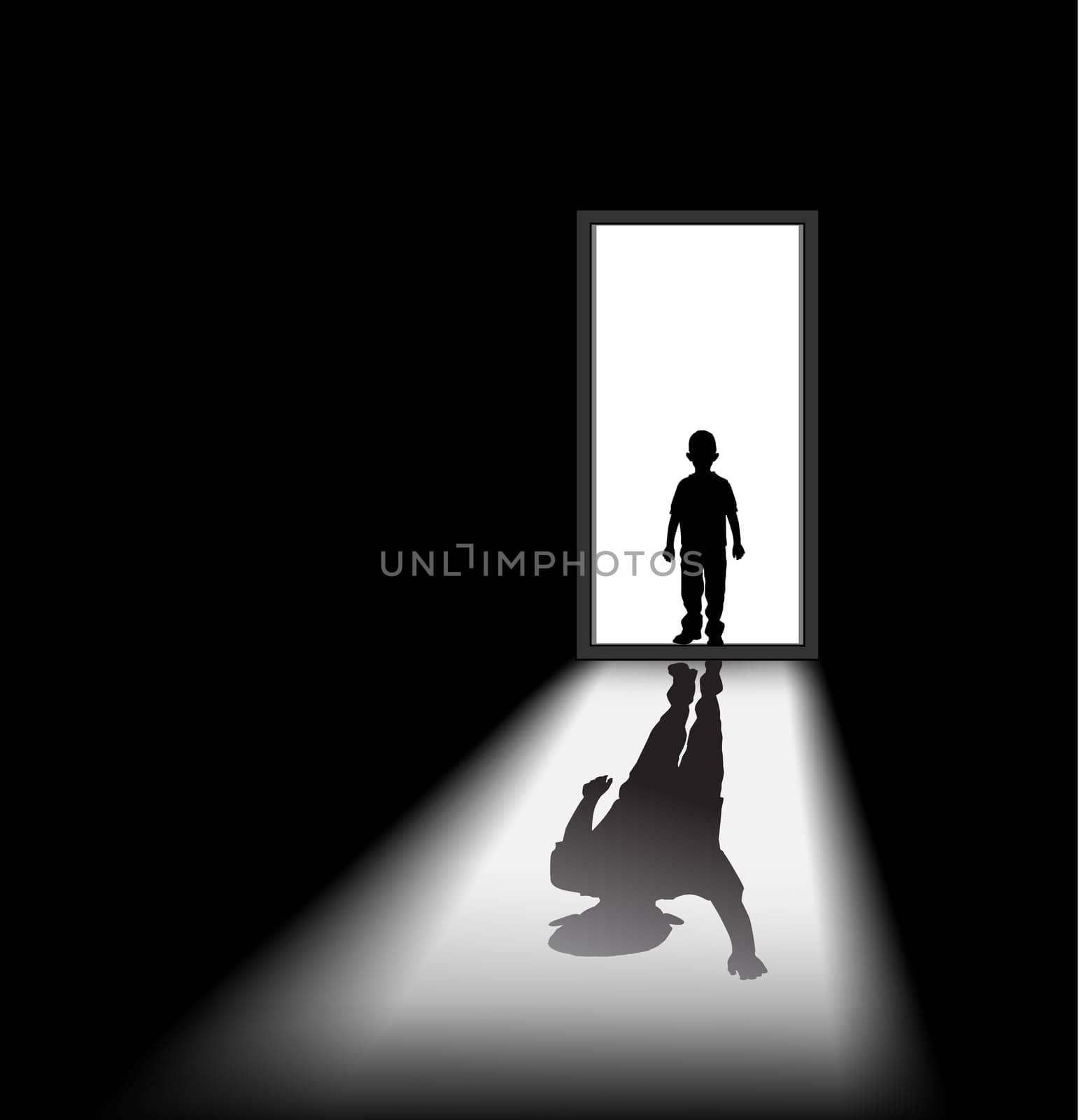 to illustrate a nightmare of kid, the shadow of himself is waving at him.