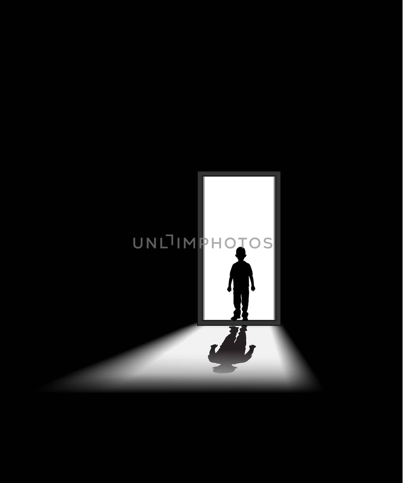 kid enters a dark room, to illustrate concept of unknown and fear