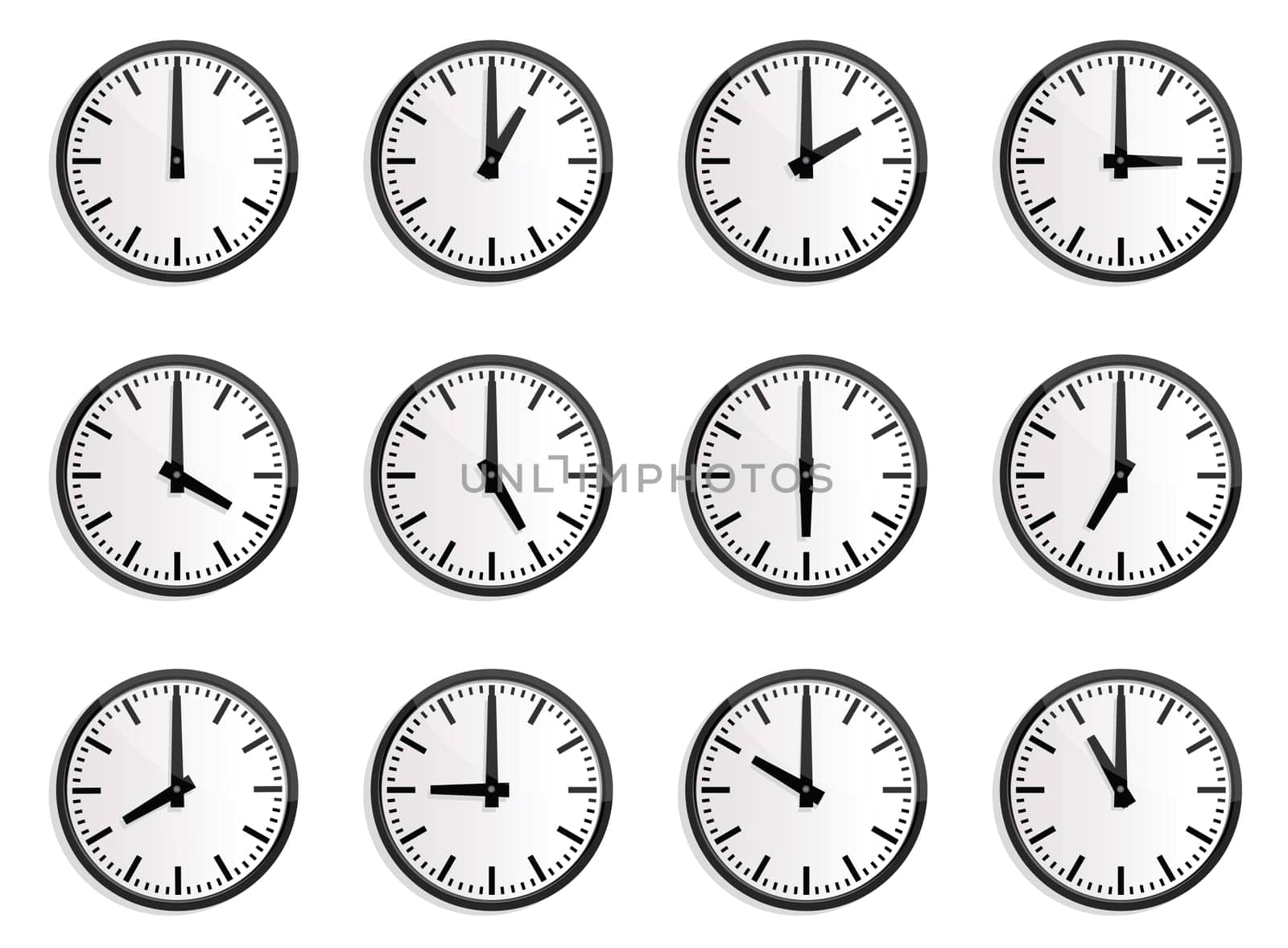 illustrations of wall clock for every hours, to indicate world international time.