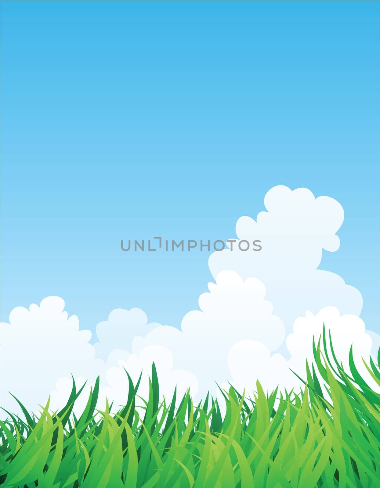 countryside illustration, green grass and blue sky.