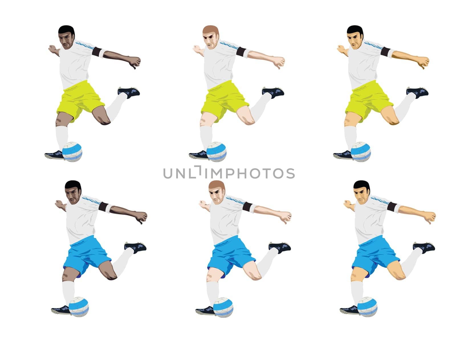 set of soccer players for caucasian, african, and asian lookalike.