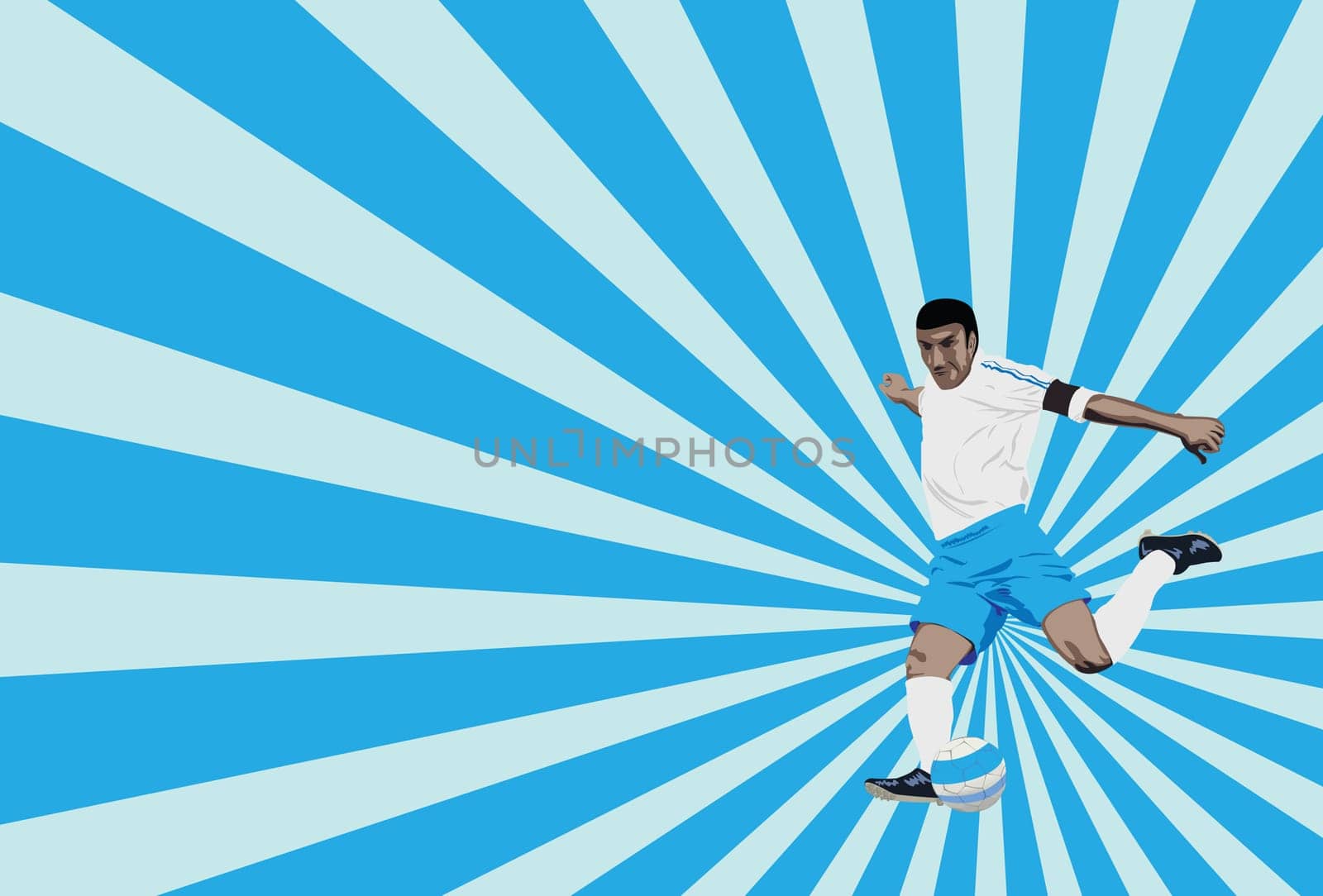 vector illustration of a soccer player trying to score, with ray burst background