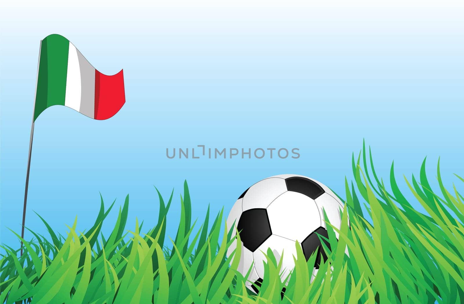 An illustrations of soccer ball, with italy flag waving at the background.