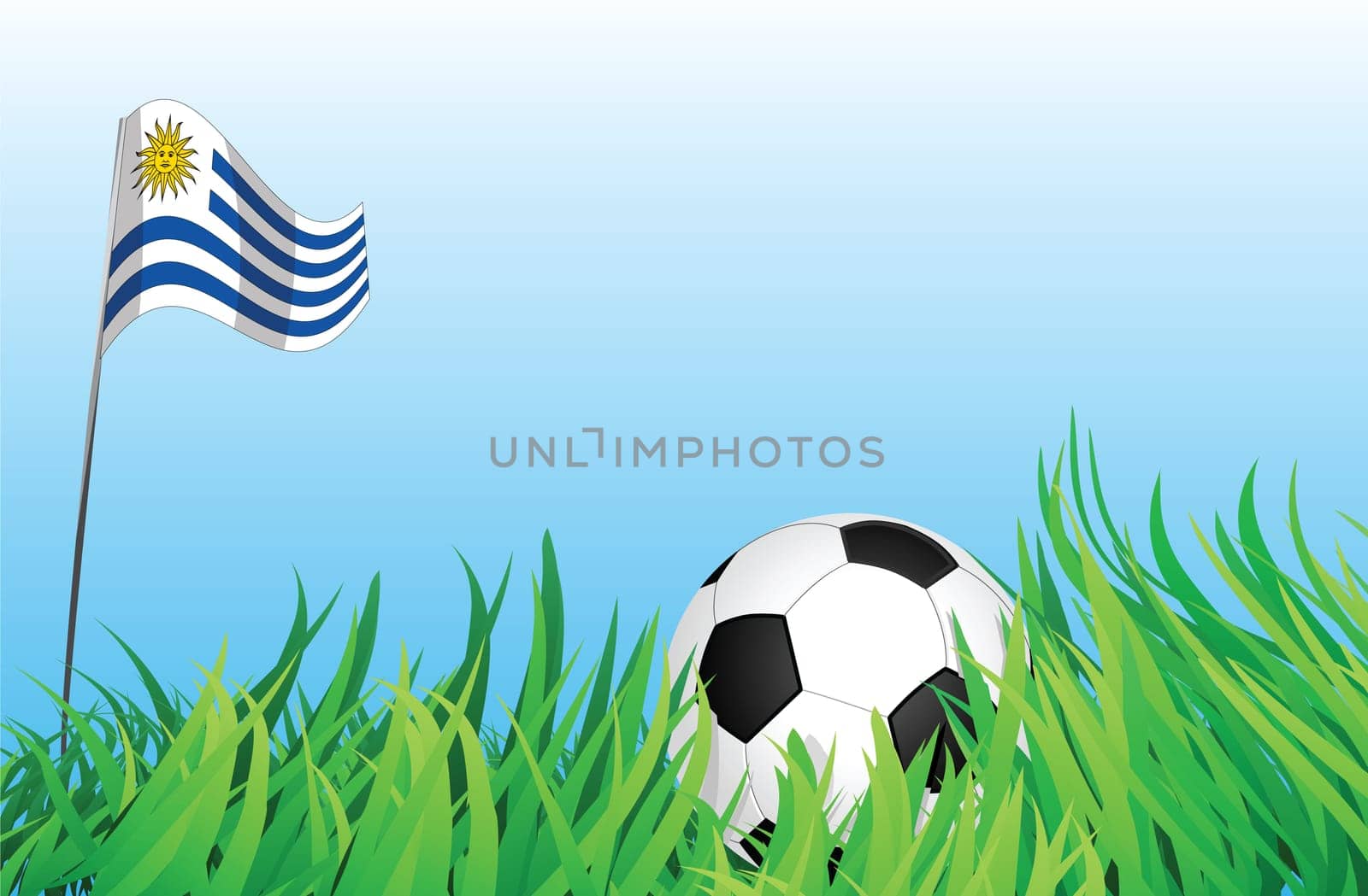 An illustrations of soccer ball, with a uruguay flag waving at the background.