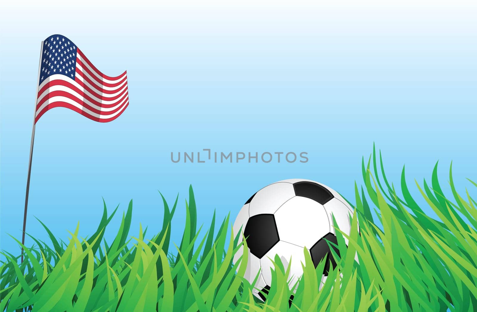 An illustrations of soccer ball, with a united states of america flag waving at the background.