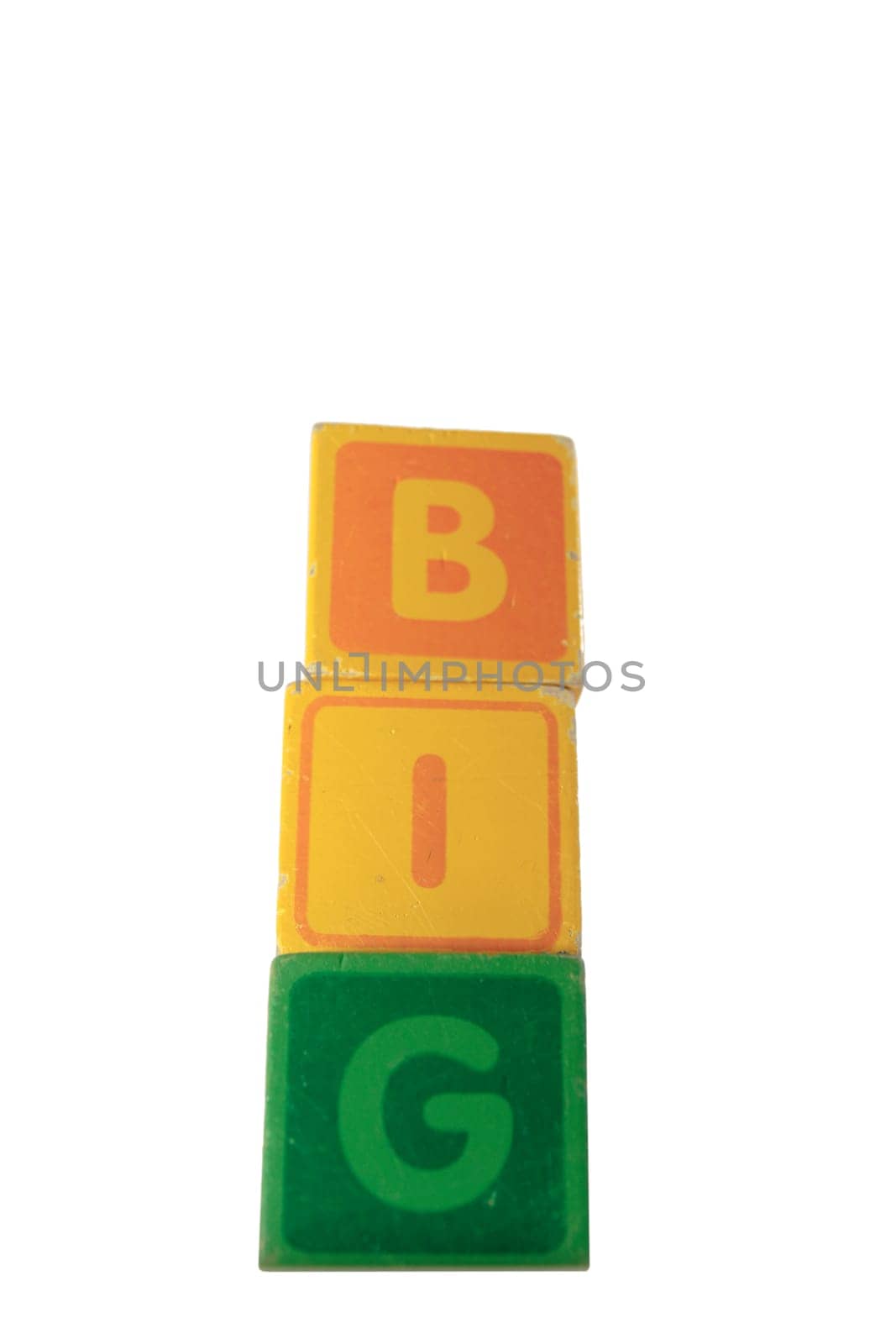 childrens toy letter building blocks against a white background spelling big with copy space