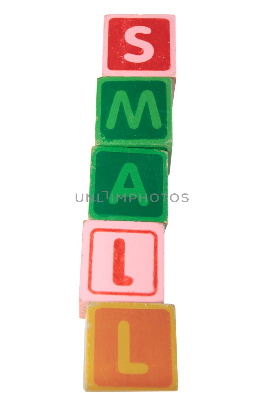 childrens toy letter building blocks against a white background spelling small