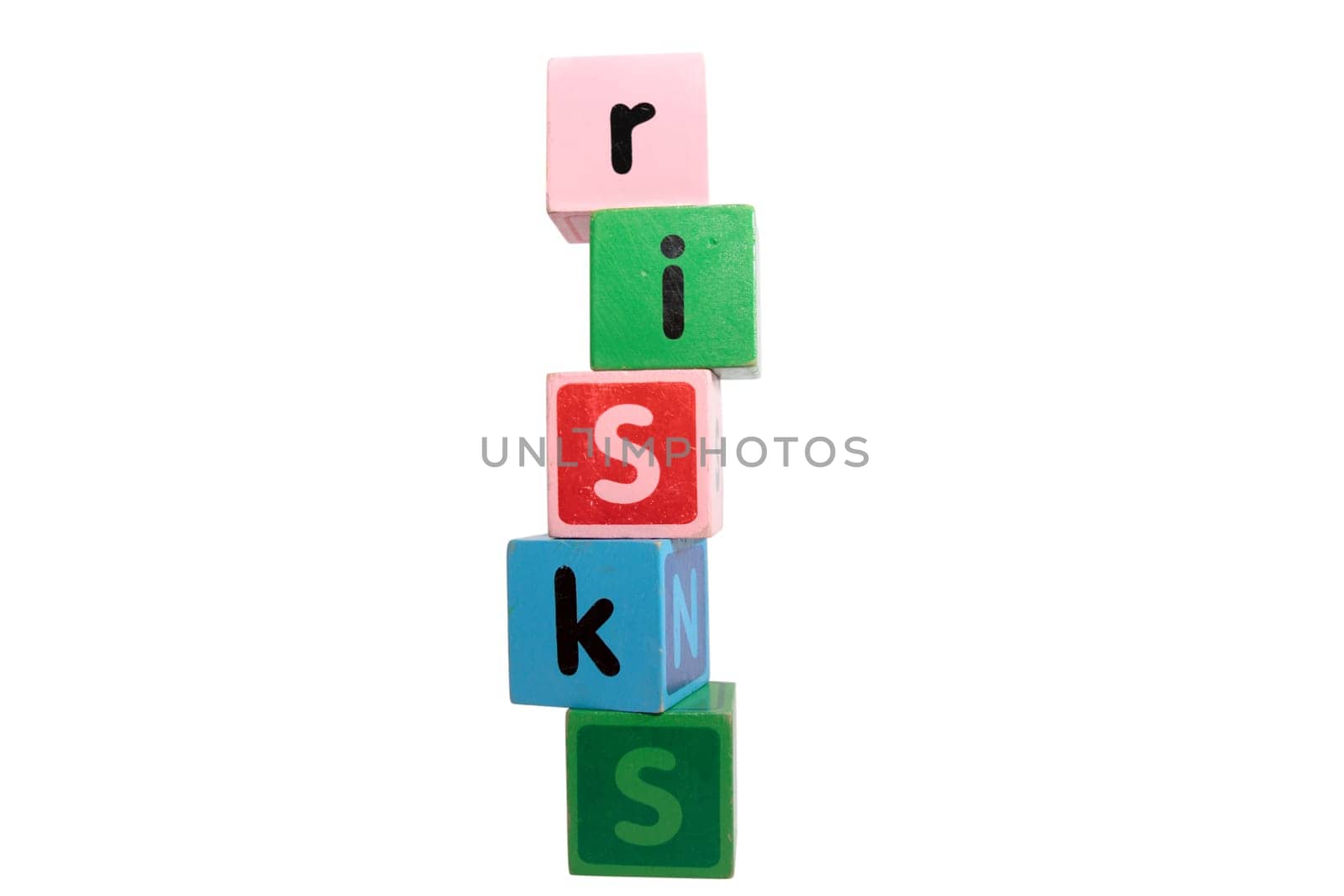 risks spelt with childrens toy letter building blocks against a white background with clipping path