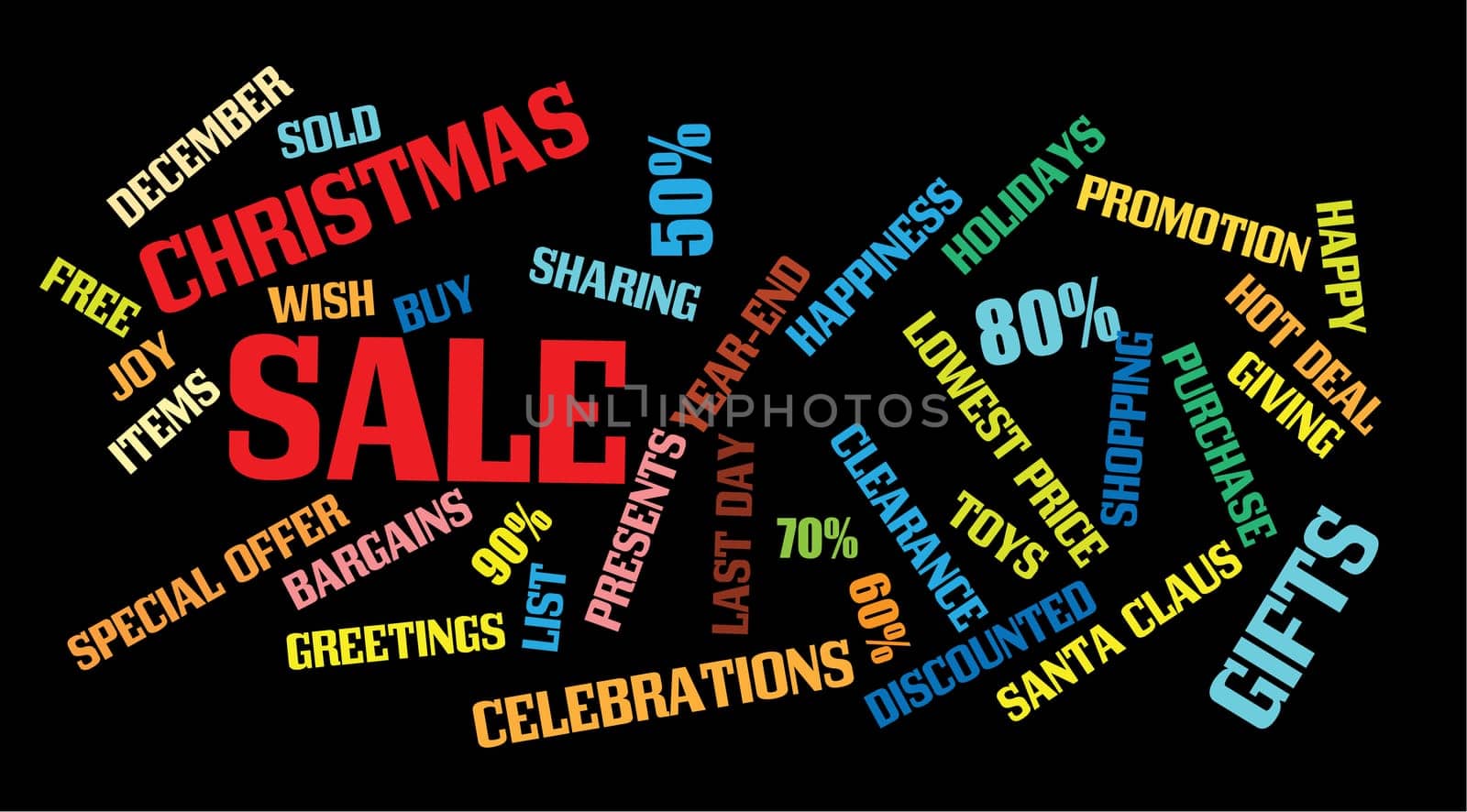 christmas sale background with montages of keywords.