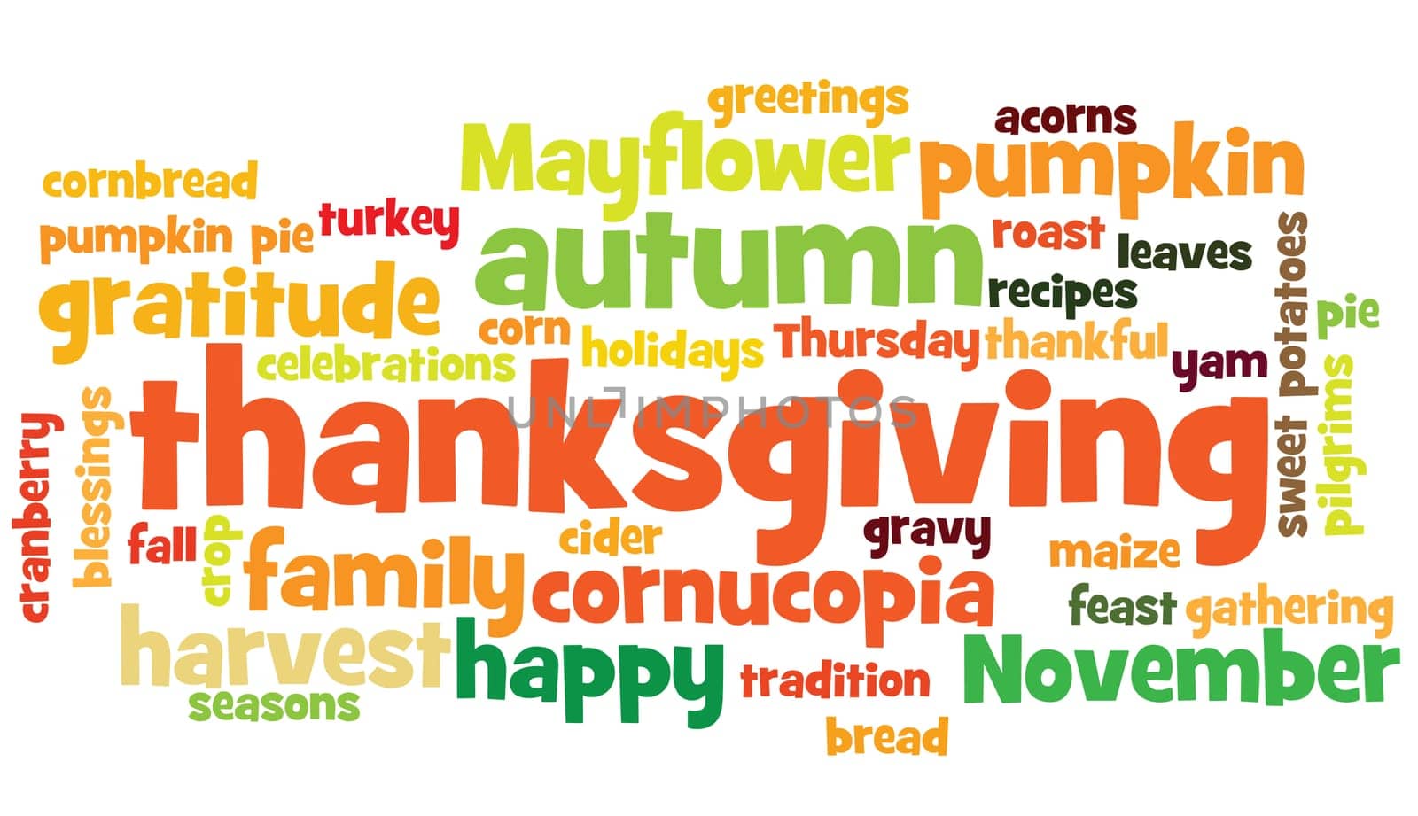 thanksgiving background, with random layout of thanksgiving words.
