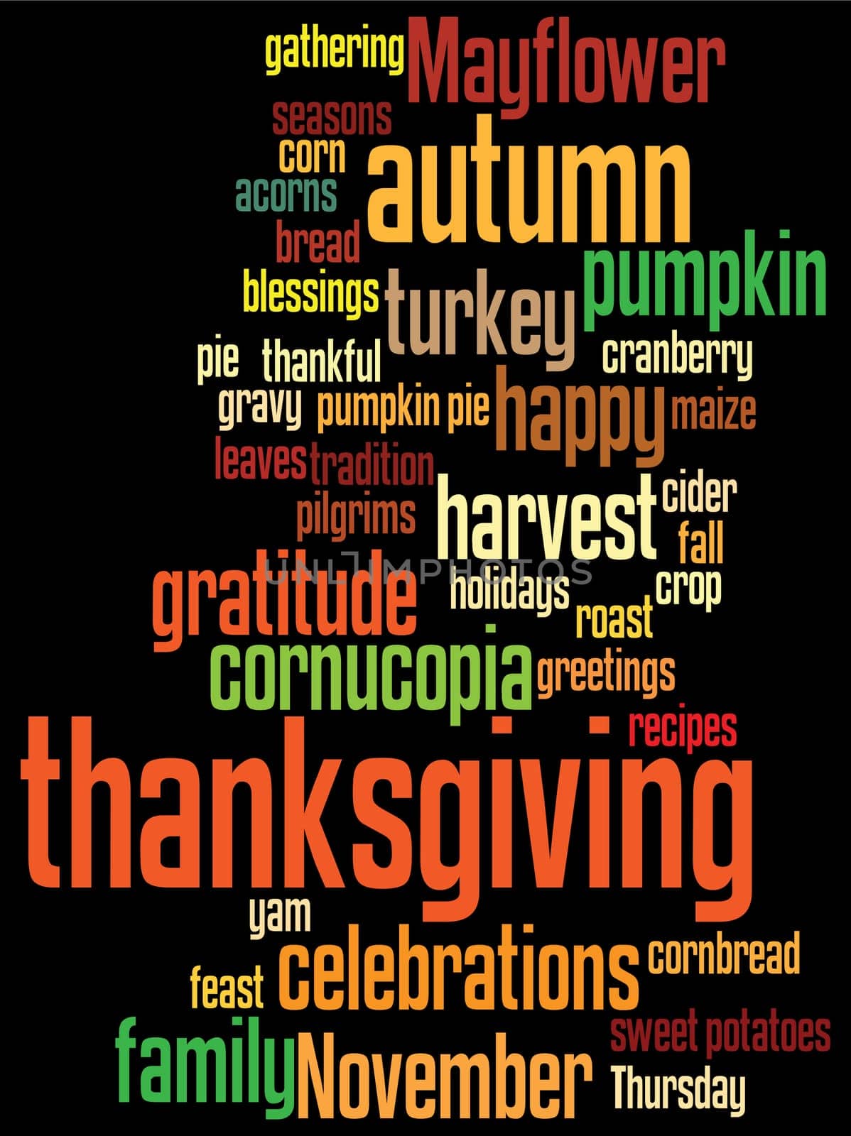 thanksgiving background, with random layout of thanksgiving words.