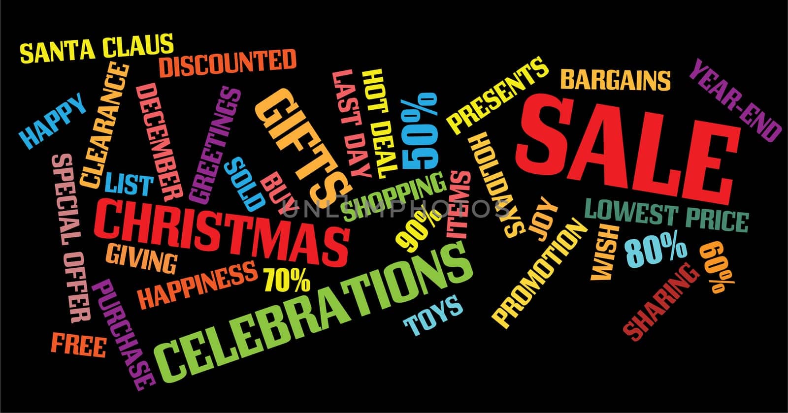 christmas sale background with montages of keywords.
