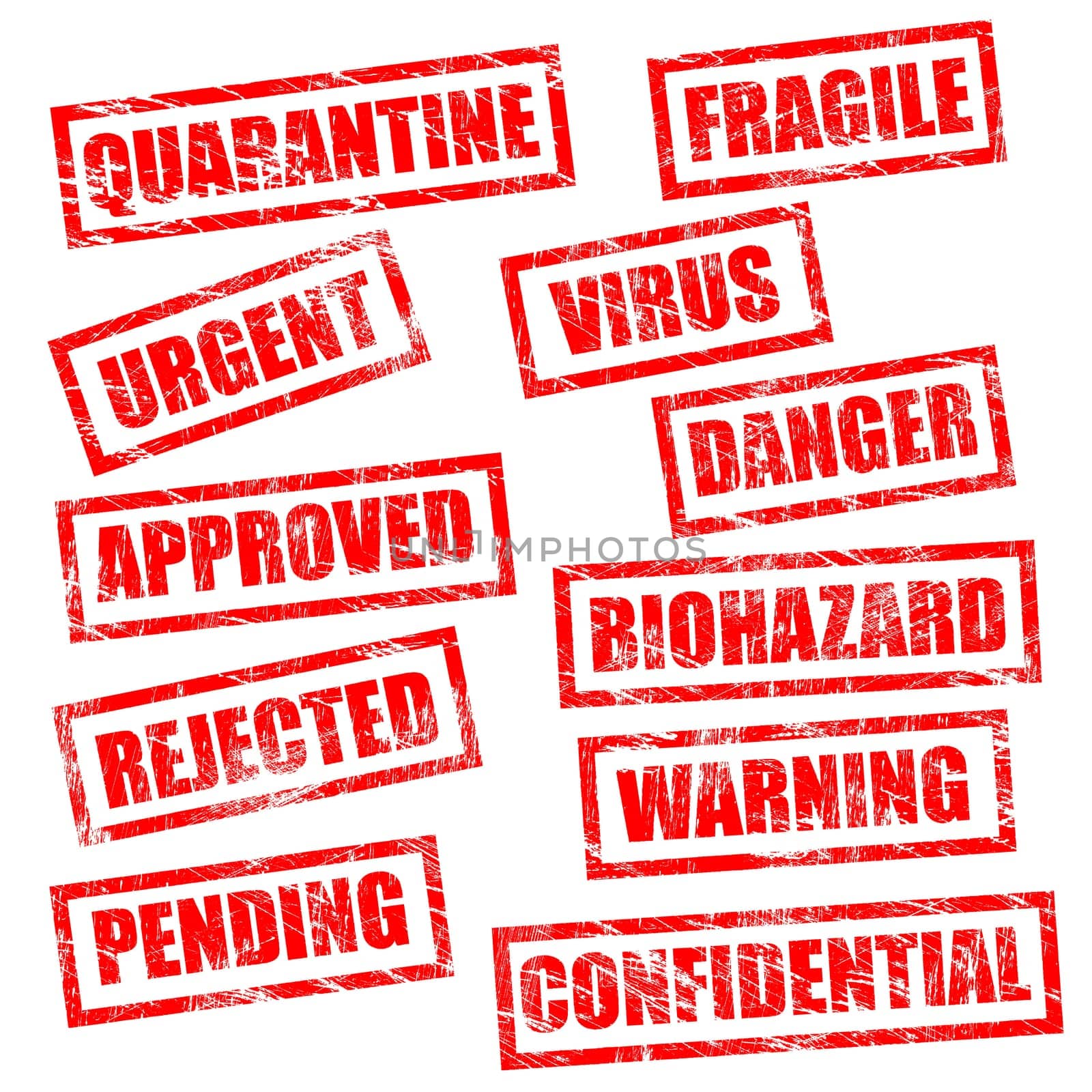 stamps in grunge style, looks like had been used in tough environment. Vector forms, isolated on white.