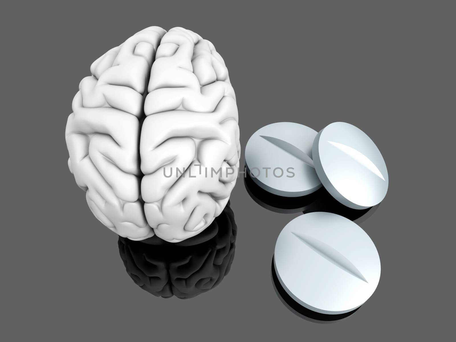 Some pills for the Brain. Symbolic for Drugs, Psychopharmaceuticals, Nootropics and other Medications. 3d rendered Illustration.