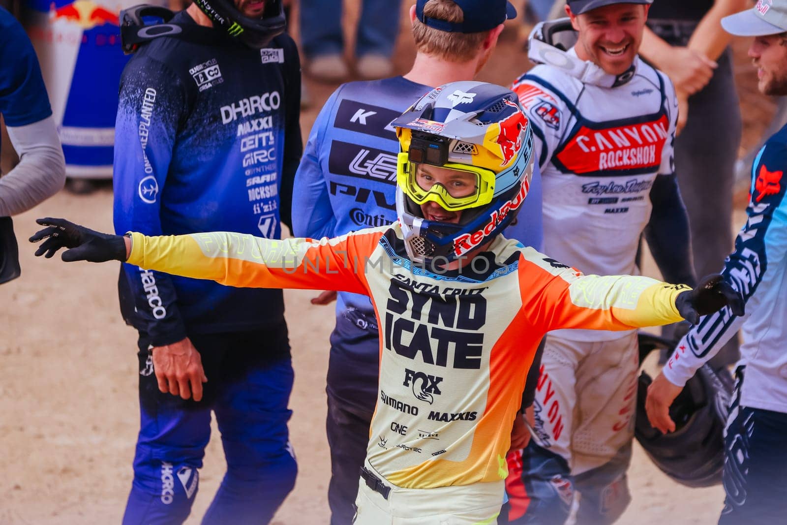 MAYDENA, AUSTRALIA - FEBRUARY 08: Jackson GOLDSTONE of Canada celebrates winning Red Bull Hardline Tasmania on February 8, 2025 in Maydena, Australia.