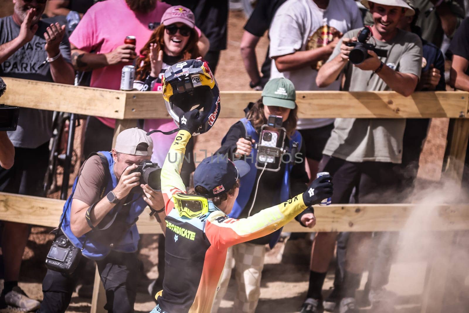 MAYDENA, AUSTRALIA - FEBRUARY 08: Jackson GOLDSTONE of Canada celebrates winning Red Bull Hardline Tasmania on February 8, 2025 in Maydena, Australia.