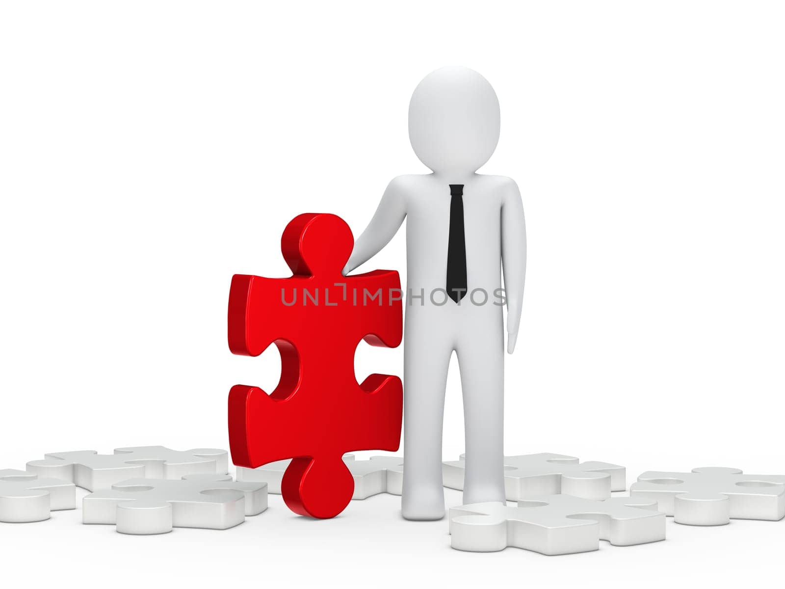 3d business man hold a puzzle red