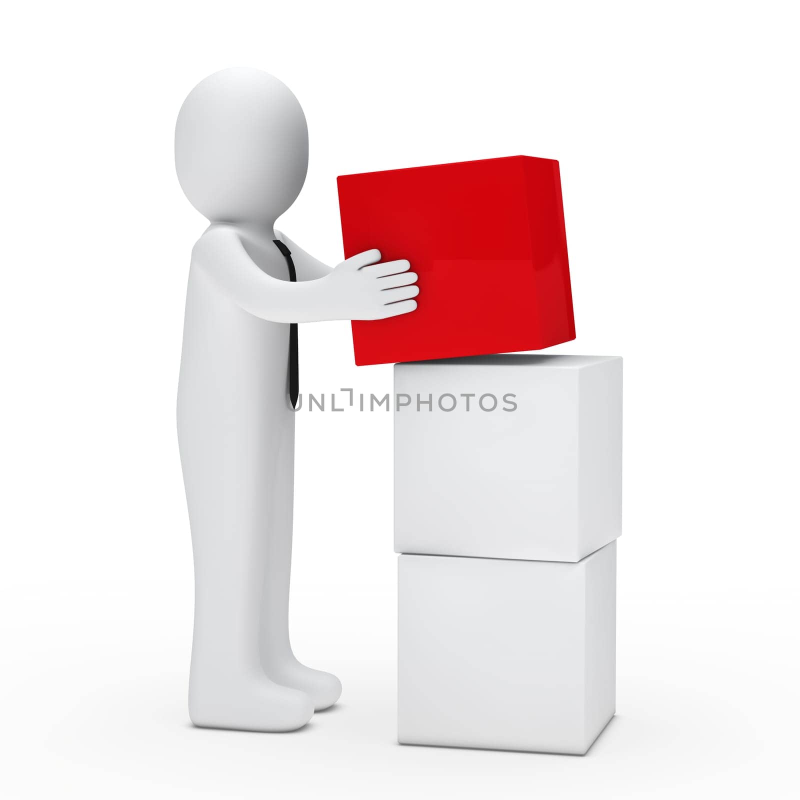 3d man with tie hold red cube